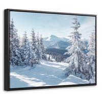 LEINWAND Bilder mit Rahmen - Winterlandschaft - Natur - Berge - Bäume - Schnee - 40x30 - Hellblau, Textil (40/30cm) - MuchoWow