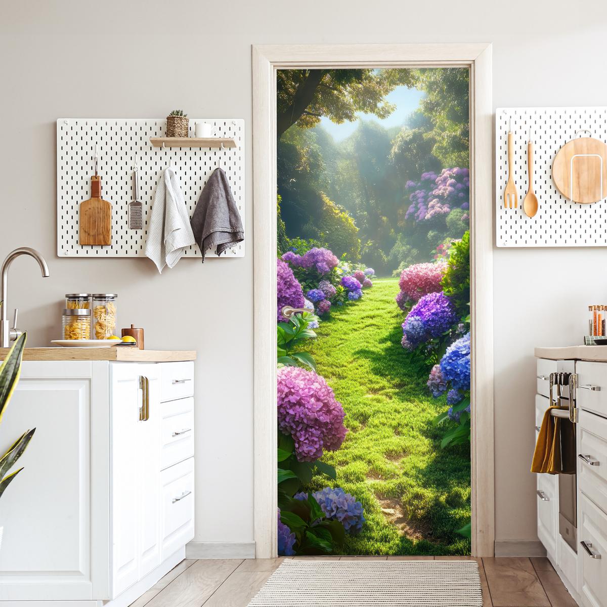 TÜRAUFKLEBER Natur - Hortensie - Blumen - Grün 90x215 cm - Türtapete - Hellgrün, Kunststoff (90/0.1cm) - MuchoWow