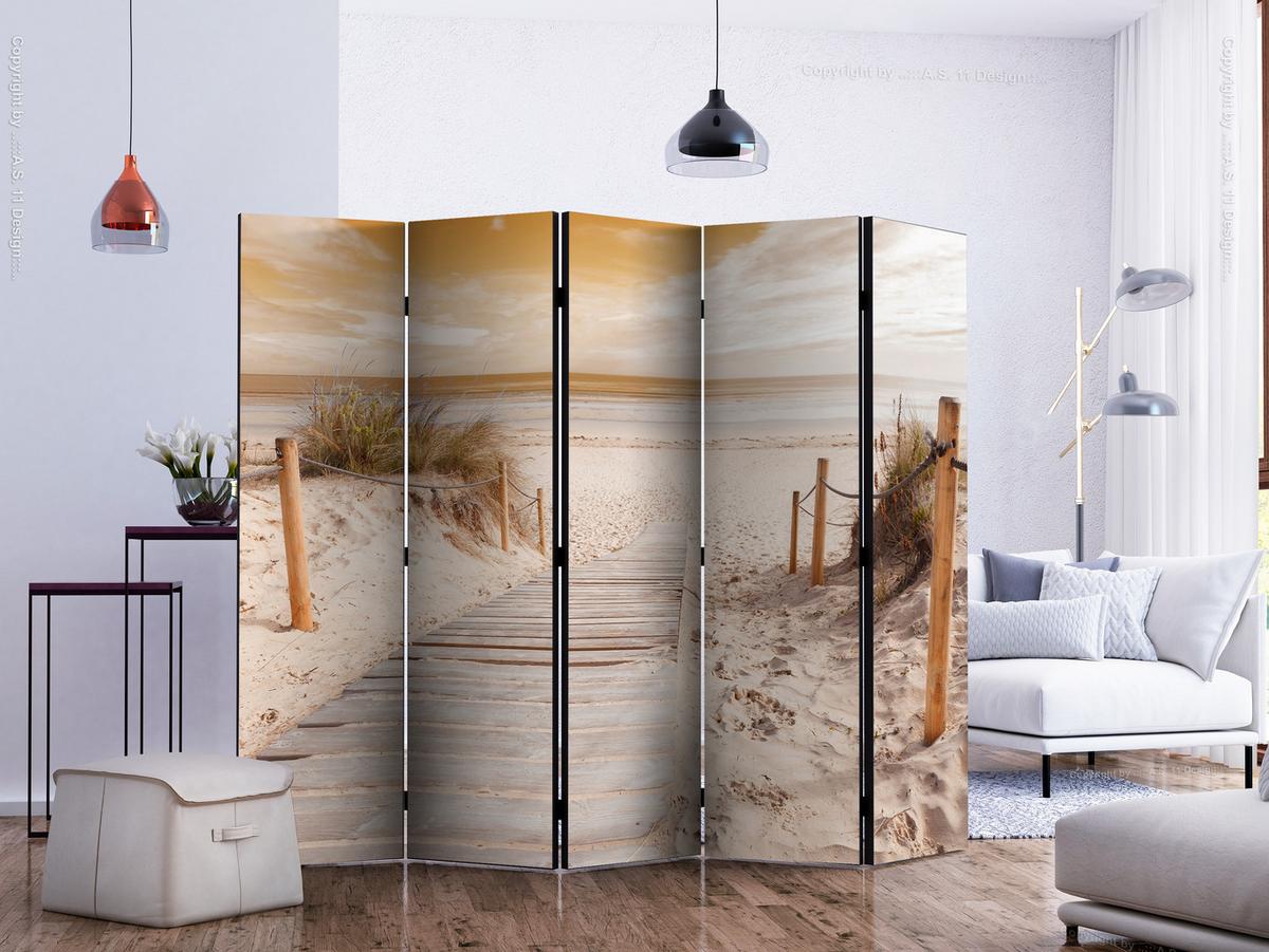 PARAVENT Einseitig Bedruckter 5-tlg 225x172 cm Strand Mit Meerblick - Beige, Holz/Textil (225/172/3cm) - Muralo