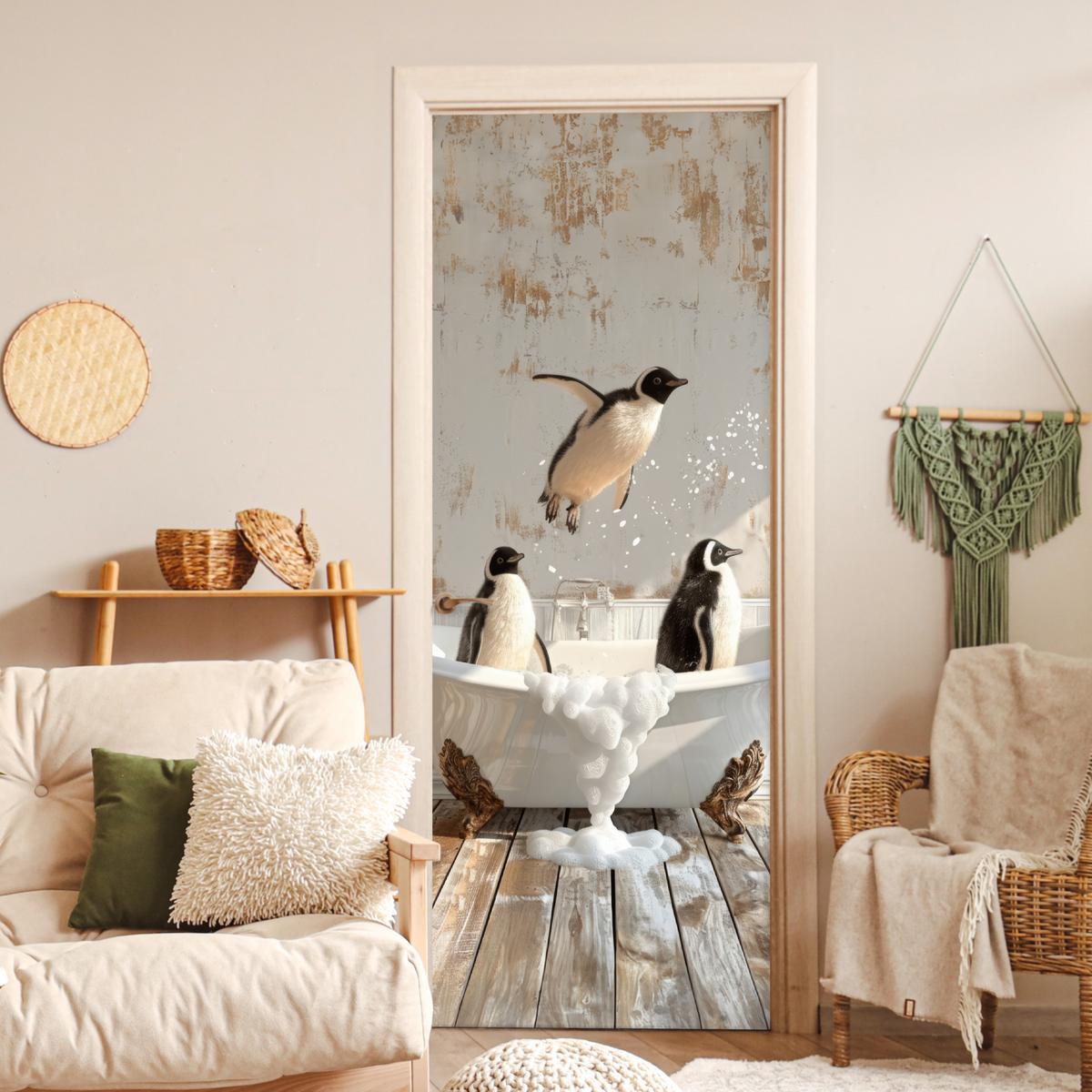 TÜRAUFKLEBER Vintage - Pinguin - Badewanne - Schaumstoff 90x235 cm - Türtapete - Hellbraun, Kunststoff (90/0.1cm) - MuchoWow