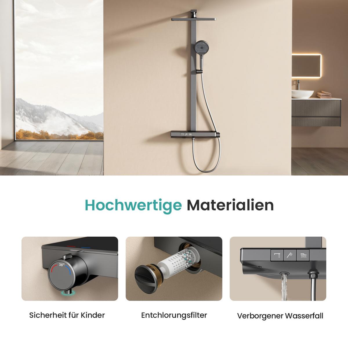 ÜBERKOPFBRAUSESET mit Thermostat 3 Auslässe Anthrazit 105/40,1/57,3 cm - Anthrazit, Metall (40/105/57cm) - EMKE