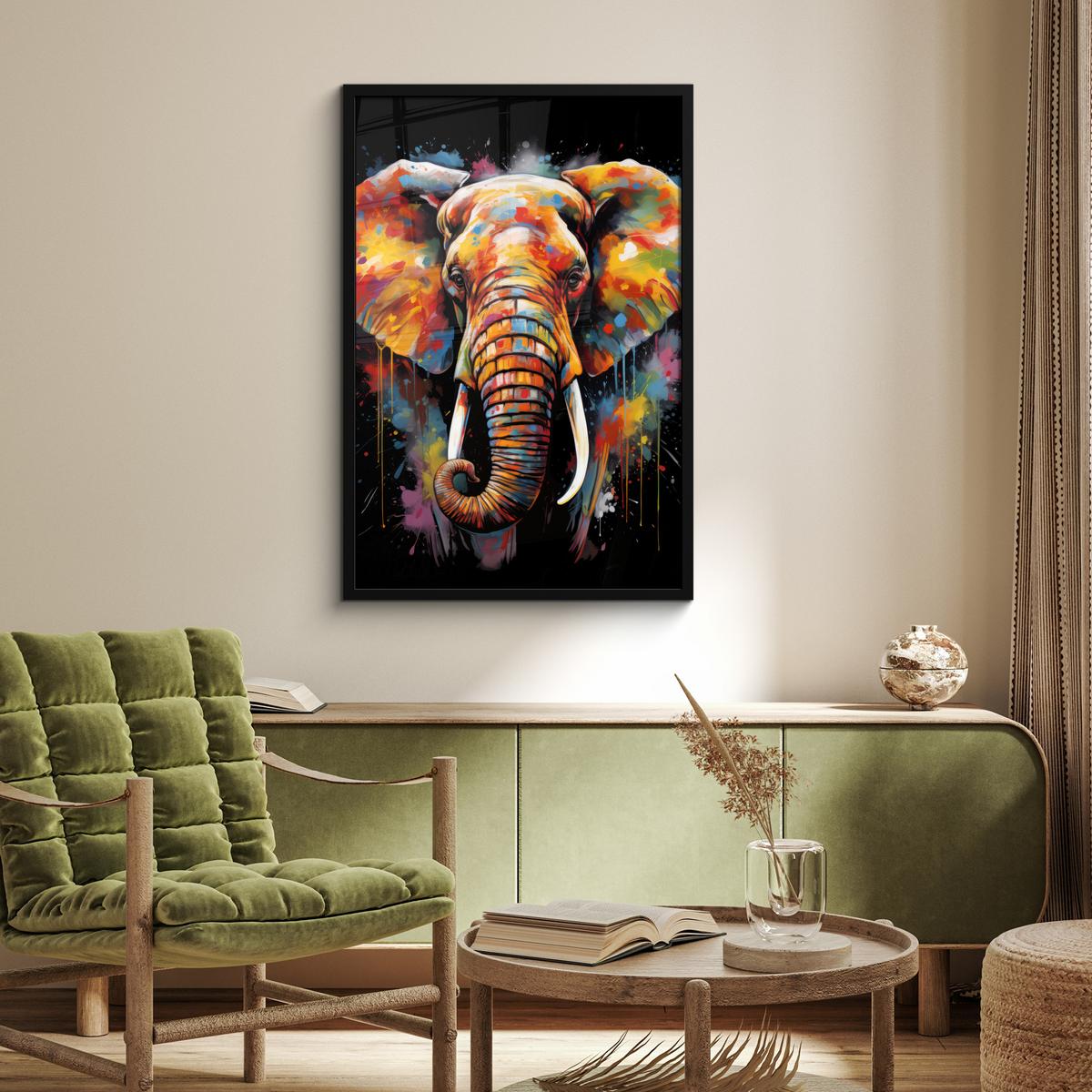 POSTER MIT RAHMENGERAHMTES BILD Elefant - Graffiti - Schwarz - Tiere - Farben 60x90 cm - Schwarz, Papier (60/90cm) - MuchoWow