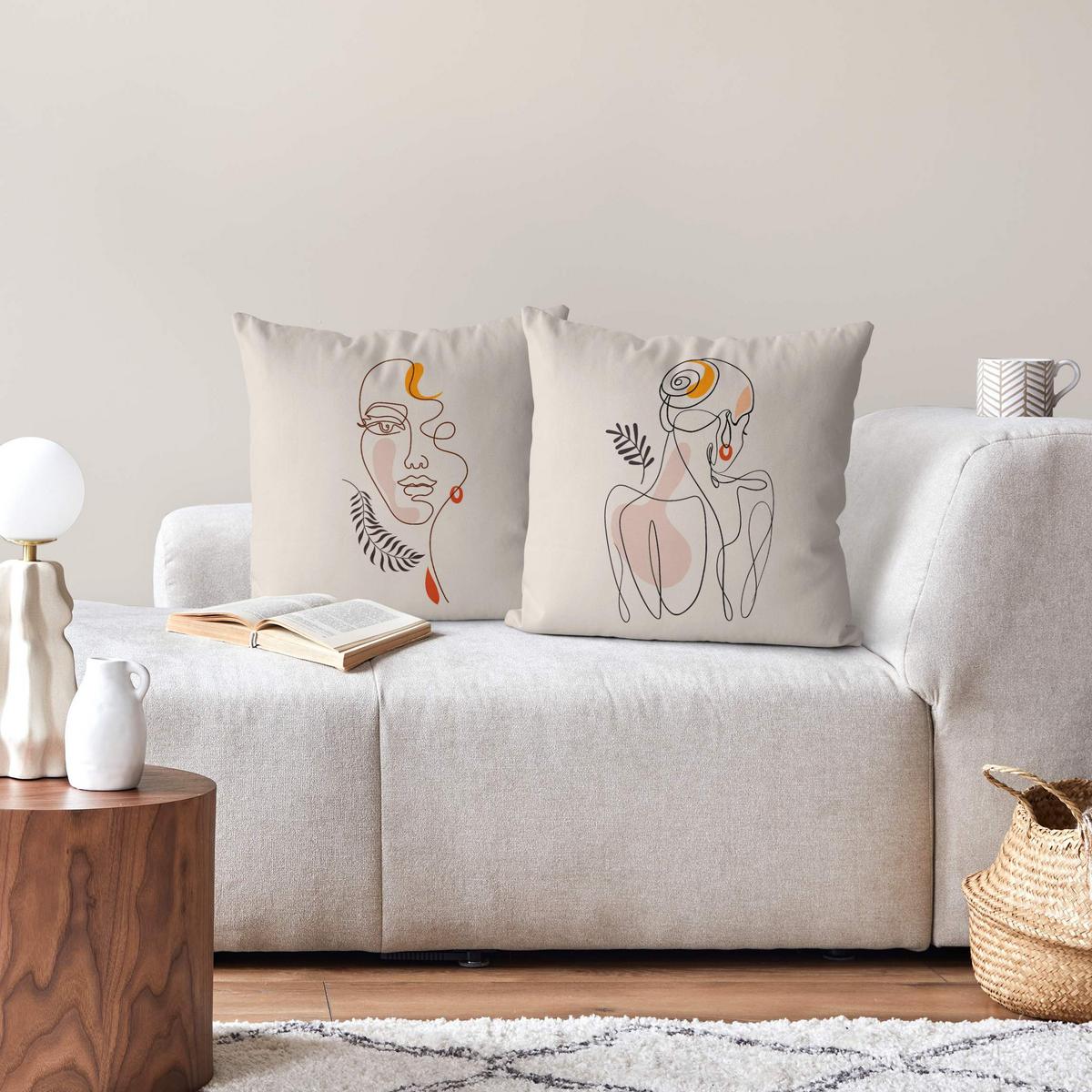 DEKOKISSEN 2er-Set Lineart Silhouetten 50/50 cm - Beige, Textil (50/50cm) - Bilderwelten