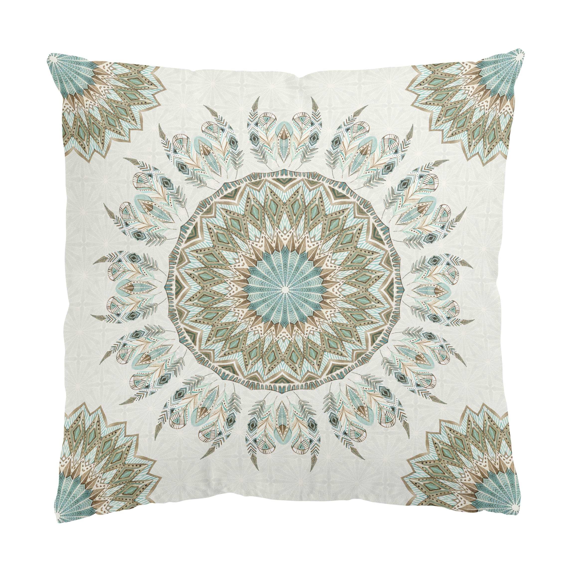 DEKOKISSEN Mandala Aquarell Federn Muster blau grün 50/50 cm - Blau, Textil (50/50/10cm) - Bilderwelten