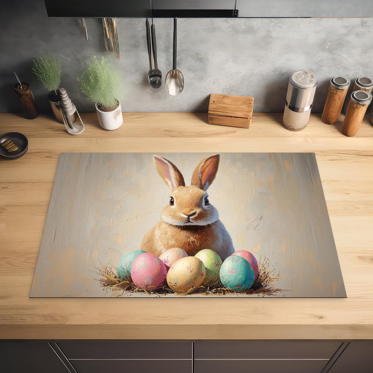 HERDABDECKPLATTE Osterhase - Pastell - Eier Ceranfeldabdeckung 80x52 cm - Beige, Kunststoff (80/52/0.2cm) - MuchoWow