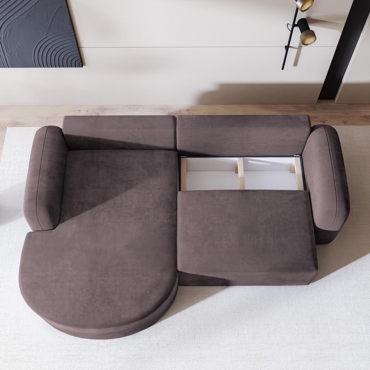 ECKSOFA AMILIA M L-S Lila Velours-Stoff mit Schlaffunktion - Lila, Holz (263/174cm) - MASSENO