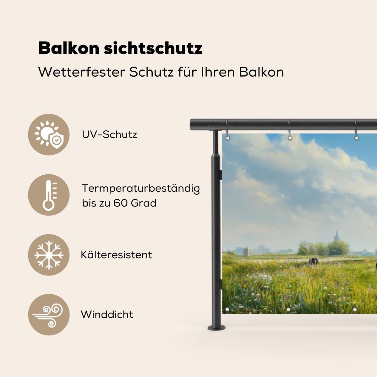 BALKON-SICHTSCHUTZ Kühe - Windmühle - Wiese - Blau Groß 500x95 cm - Grün, Kunststoff (500/95cm) - MuchoWow