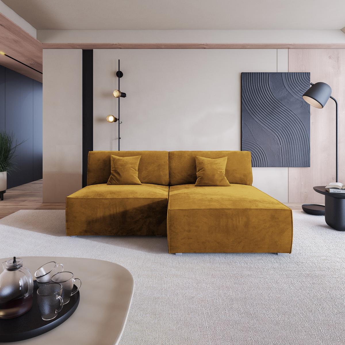 ECKSOFA FIORO M Gelb Velours-Stoff mit Schlaffunktion - Gelb/Grau, Holz/Kunststoff (204/148cm) - MASSENO