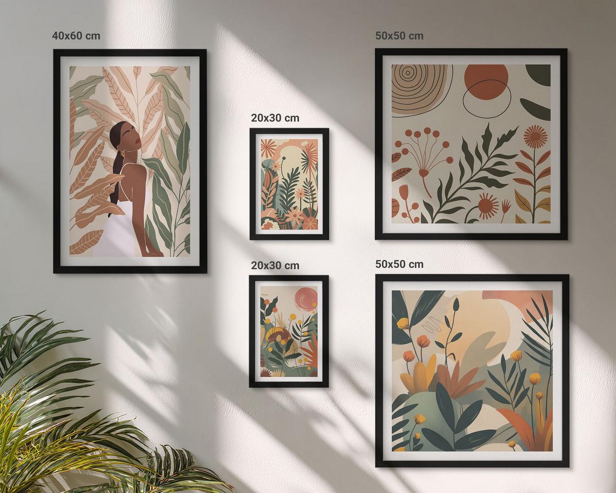 BILDER SET 5er Set - 50x50 cm & 20x30 cm & 40x60 cm Schwarzer Rahmen - Pflanzenmotive in Farben - Schwarz, Kunststoff (40/60cm) - TULUP