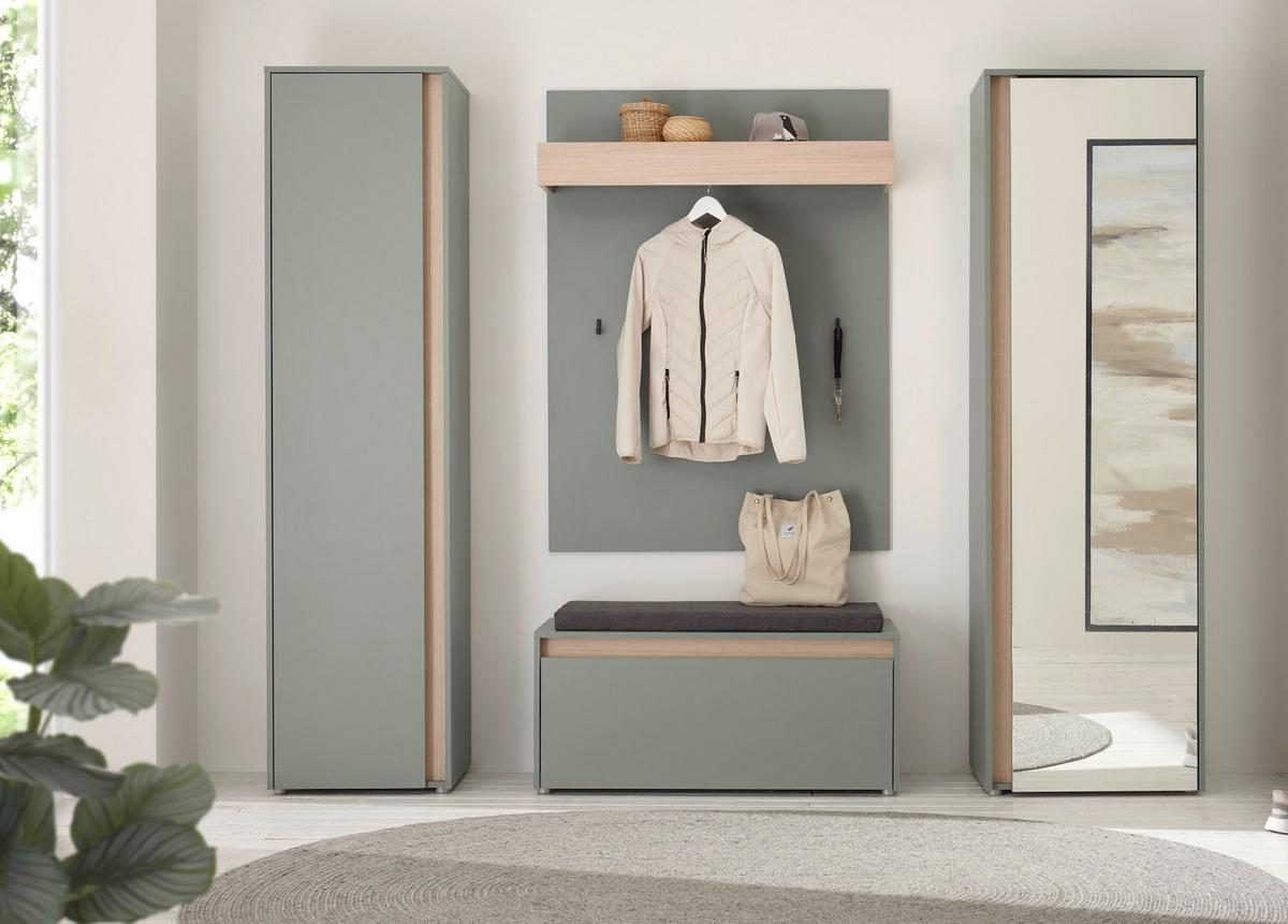 GARDEROBE Set 4-teilig, Salbei Grün und Eiche 170 x 200 cm mit Garderobenschrank und Spiegel - Salbeigrün/Eichefarben, Glas/Holz (170/200/40cm) - Furn.Design