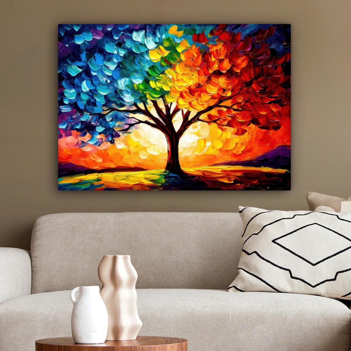 LEINWANDBILD Baum - Kunst - Natur - Sonnenuntergang Wandbilder 80x60 cm - Multicolor, Textil (80/60cm) - MuchoWow