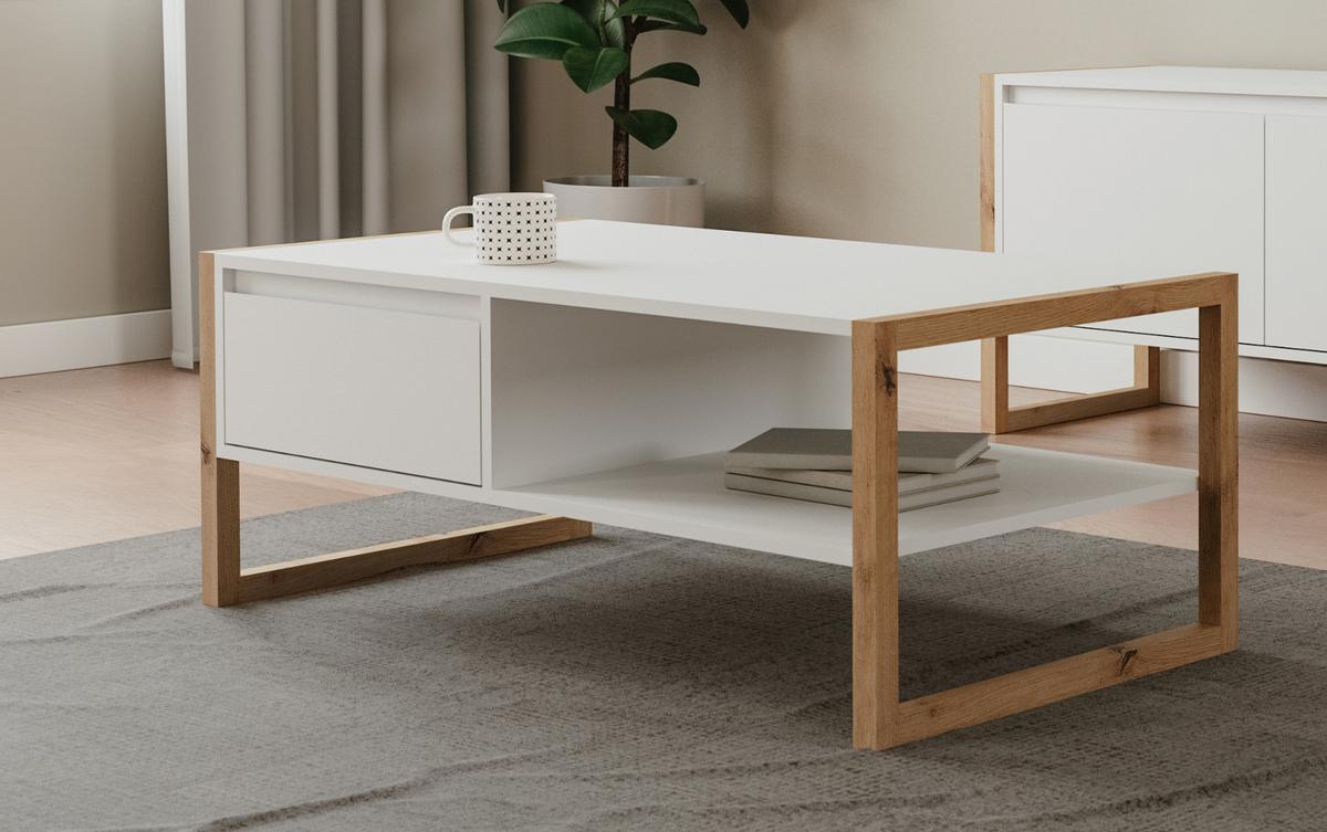 COUCHTISCH weiß, Eiche Artisan 100 cm, Wohnzimmertisch mit Stauraum - Weiß/Eiche Artisan, Holzwerkstoff (55/100/40cm) - Furn.Design