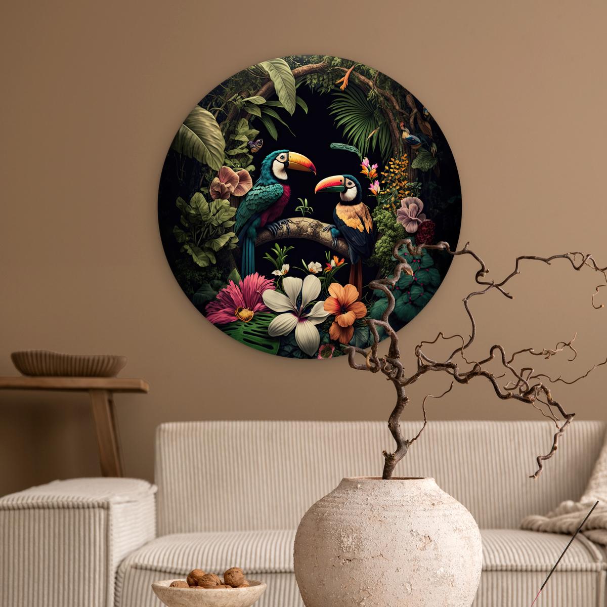 WANDBILD Vogel - Blumen - Pflanzen - Dschungel - Schwarz - Tukan Wanddeko Schlafzimmer 60x60 cm - Smaragdgrün, Kunststoff (60/60cm) - MuchoWow