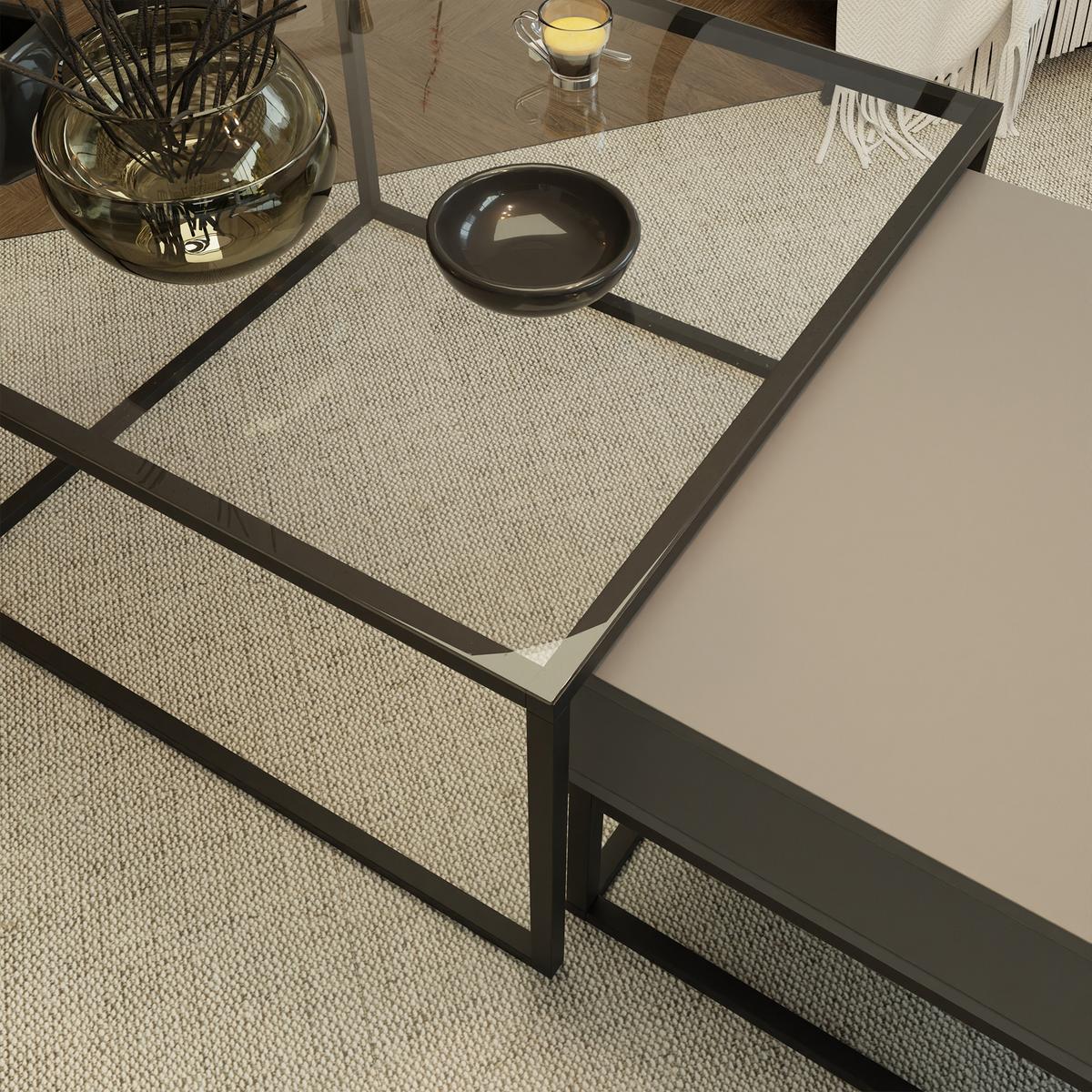 COUCHTISCH quadratisch Grau, MDF/Glas Tischplatte, Rahmen Schwarz - Schwarz/Grau, Holzwerkstoff (70/70/42cm) - Idohome
