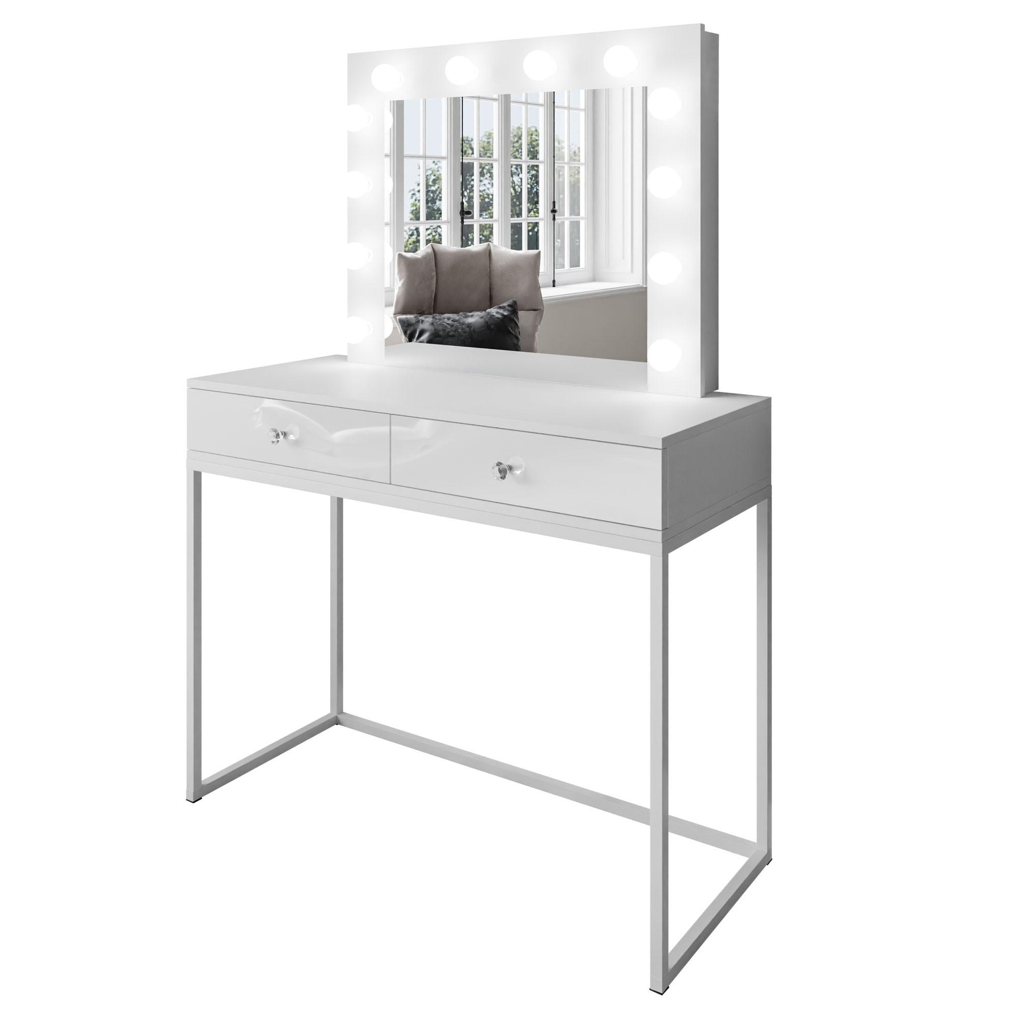 SCHMINKTISCH BLANCO LOFT mit Spiegel und Beleuchtung Weiß Hochglanz Kristallgriff - Weiß Hochglanz/Weiß, Holzwerkstoff (100/146/42cm) - Lookway