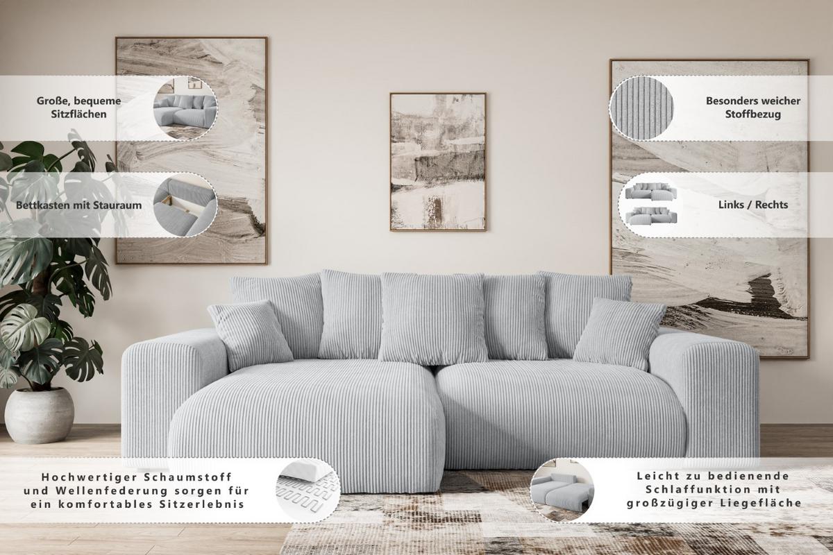 ECKSOFA Ottomane rechts ESKAR-L 266x176x72 Platinfarben Bouclé - Platinfarben/Schwarz, Holzwerkstoff/Kunststoff (176/266cm) - ALTDECOR