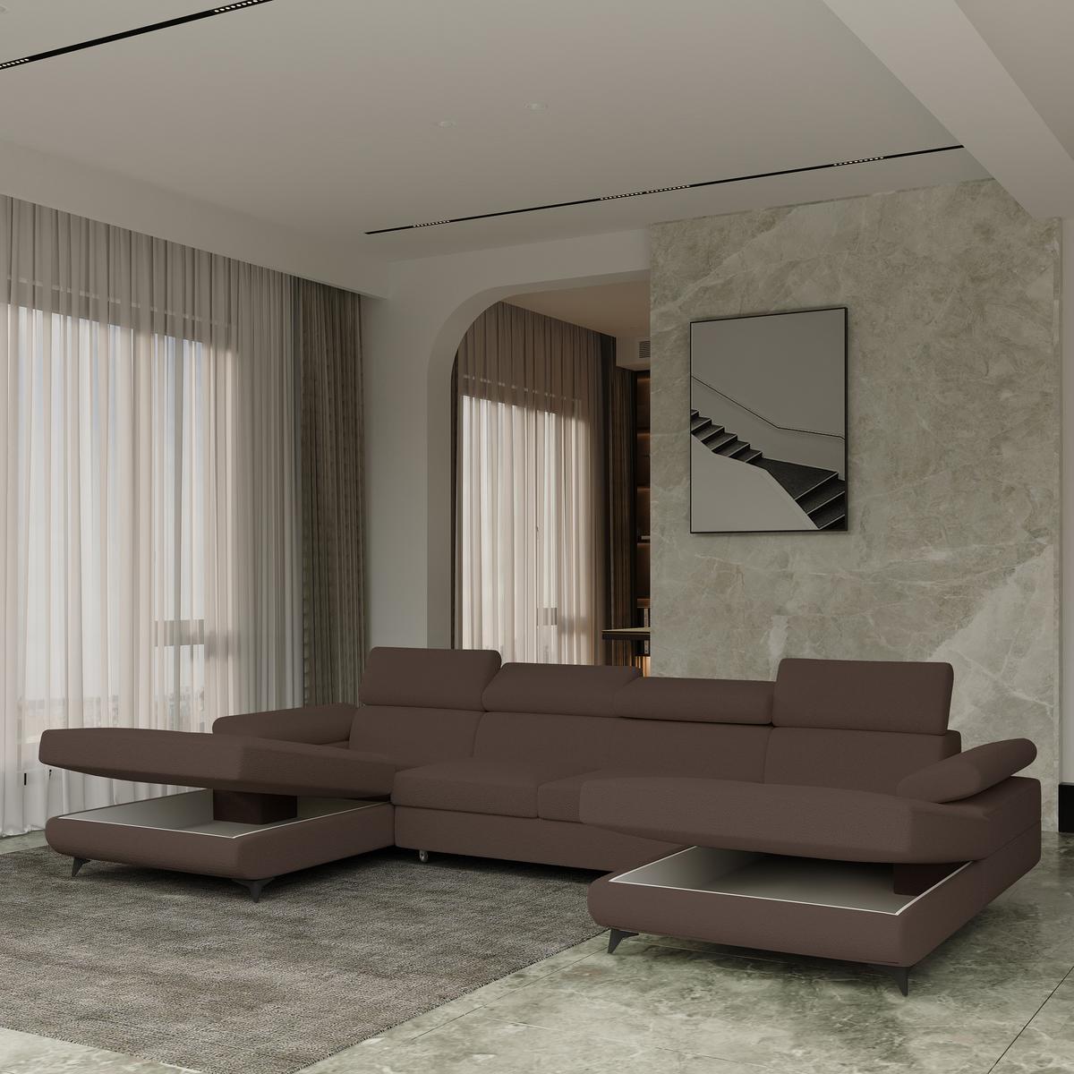 WOHNLANDSCHAFT DETTI Braun Boucle-Stoff mit Schlaffunktion - Braun, Holz (339/89/190cm) - MASSENO