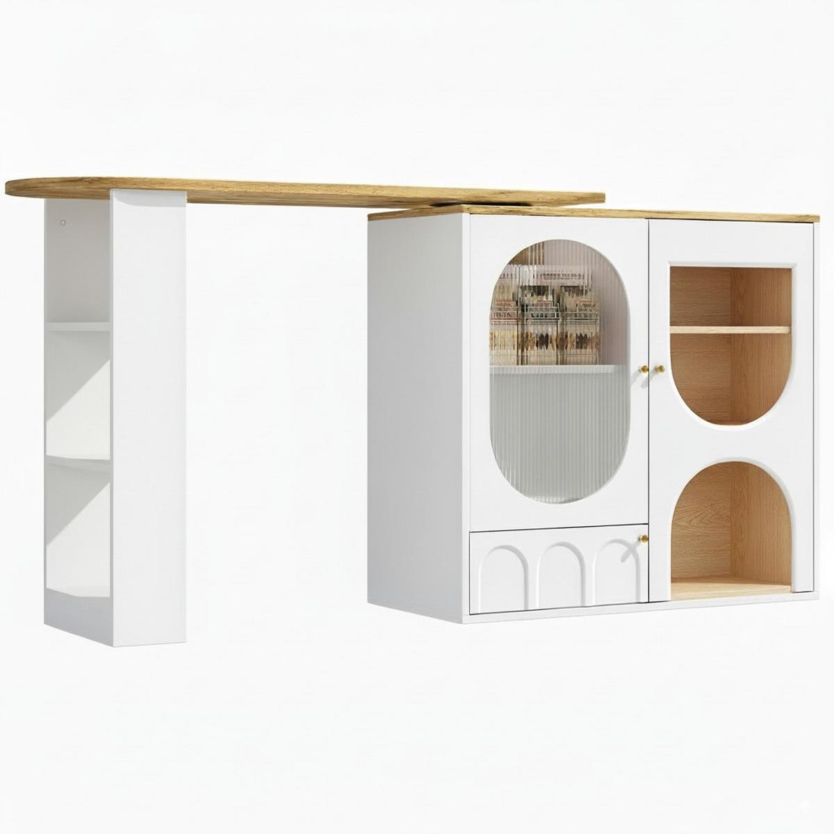 BARTISCH mit Stauraum Weiß Holzoptik 204 cm drehbar - Weiß, Glas/Holzwerkstoff (73/138/93cm) - Urban Meuble