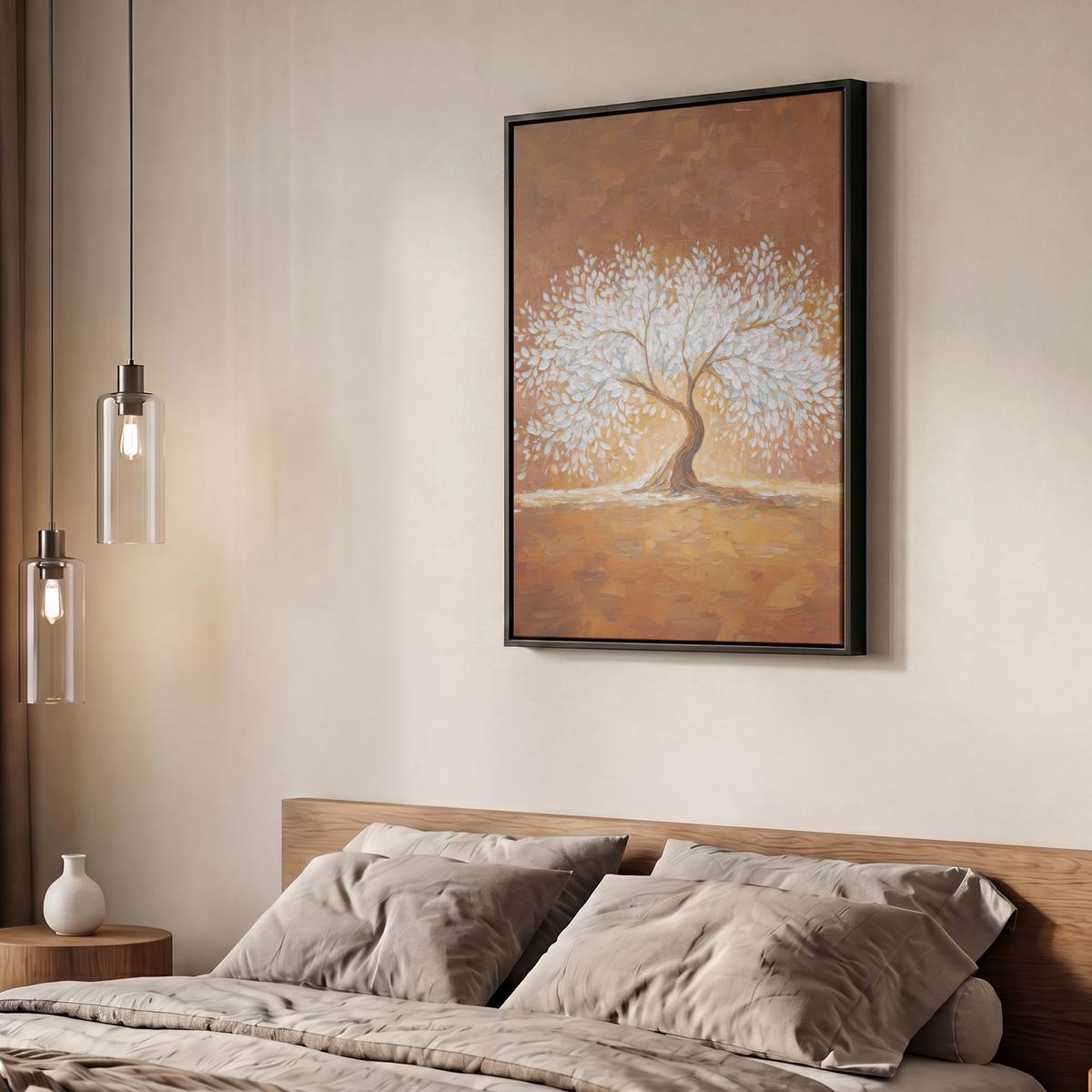 LEINWAND Bilder mit Rahmen - Abstrakt - Baum - Weiß - Blätter - 60x80 - Braun, Textil (60/80cm) - MuchoWow