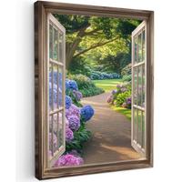 LEINWANDBILD Aussicht - Garten - Fenster - Hortensie - Blumen Wandbild Wohnzimmer 60x80 cm - Pastellblau, Textil (60/80cm) - MuchoWow