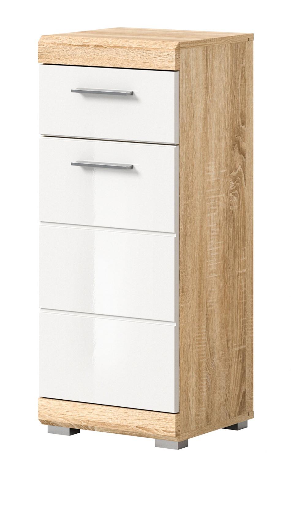 KOMMODE weiß Hochglanz, Eiche 37 x 88 cm Badschrank mit Vollauszug - Weiß Hochglanz/Eichefarben, Holzwerkstoff/Kunststoff (37/88/31cm) - Inn.Furn