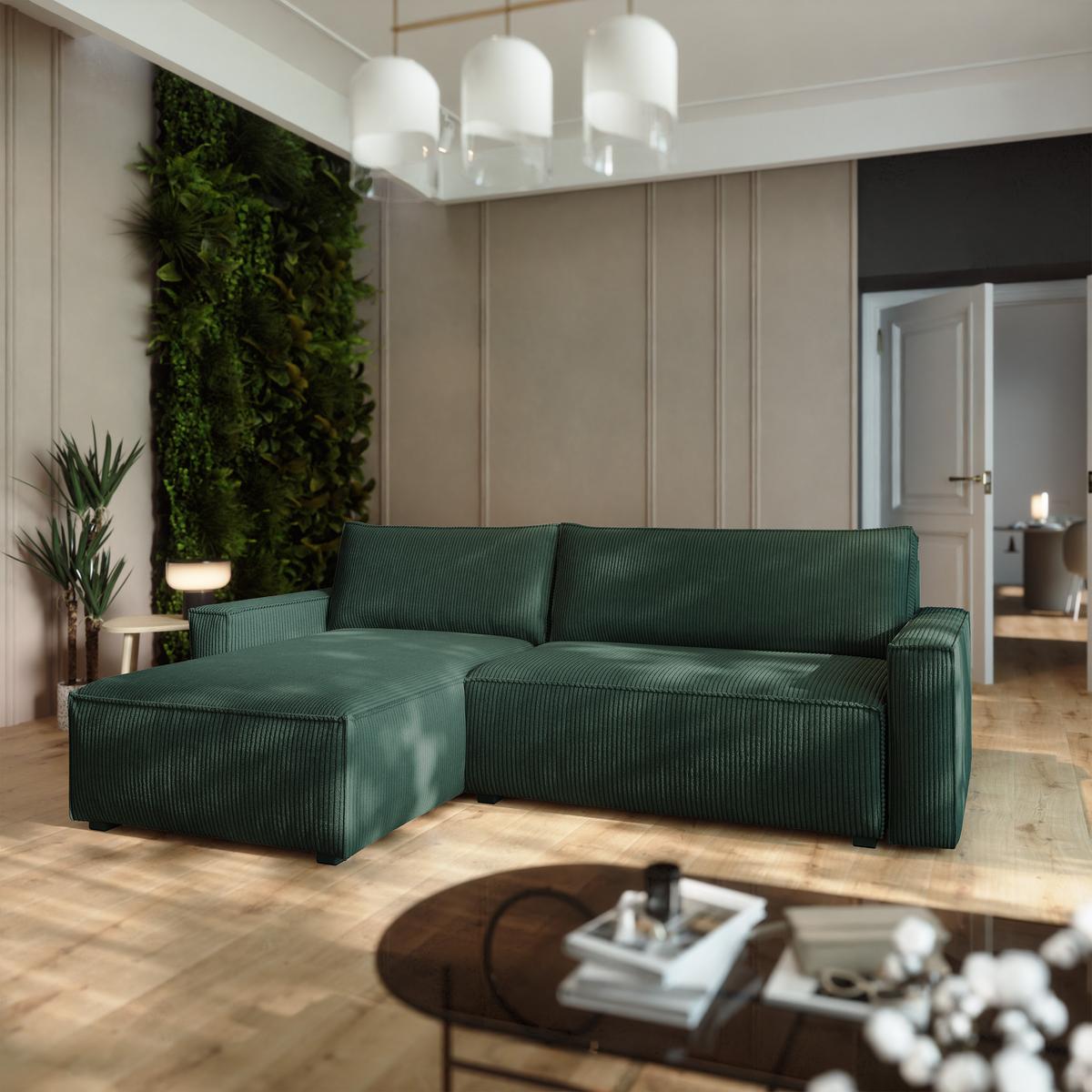 ECKSOFA BESMIR Grün Kordstoff mit Schlaffunktion - Grün, Holz (275/148cm) - MASSENO