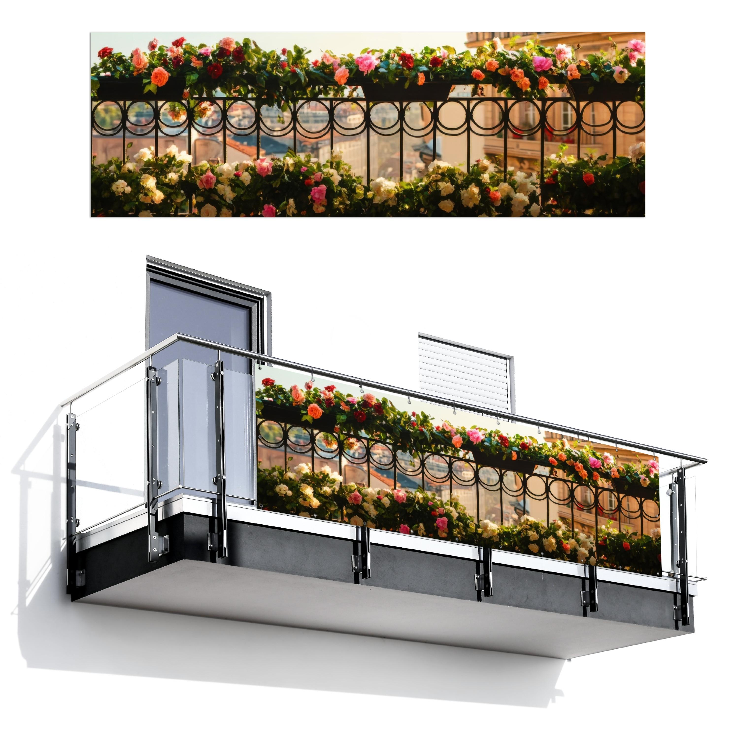 BALKON-SICHTSCHUTZ Blumen - Zaun - Stadtbild - Sommer Windschutz 300x100 cm - Pink, Kunststoff (300/100cm) - MuchoWow