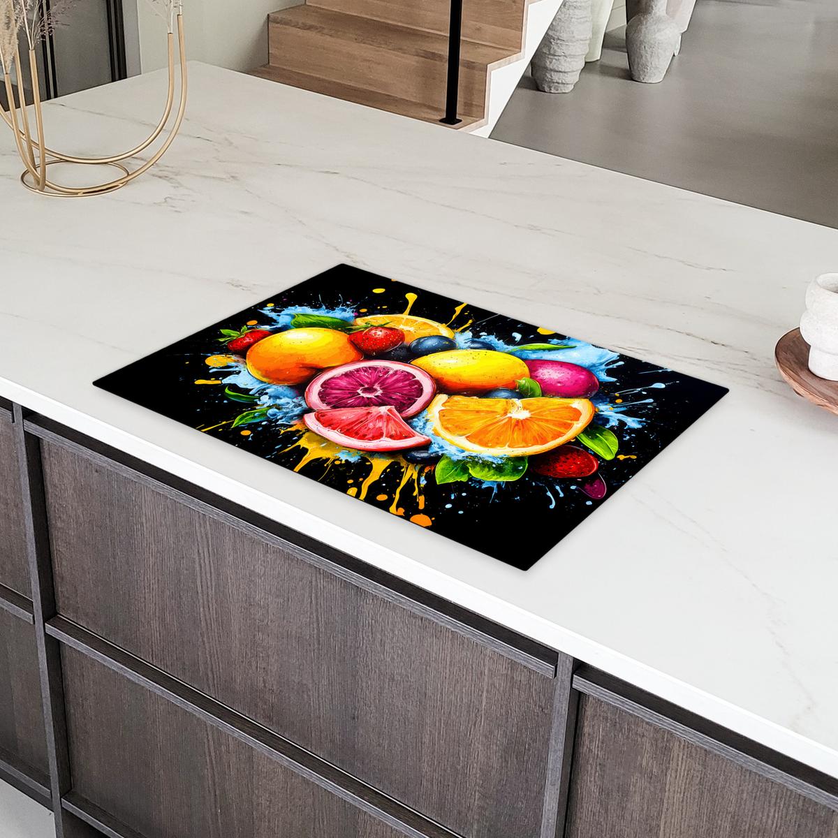 HERDABDECKPLATTE Obst - Graffiti - Bunt - Orange - Erdbeere - Abstrakt Ceranfeldabdeckung 78x52 cm - Orange, Kunststoff (78/52/0.2cm) - MuchoWow