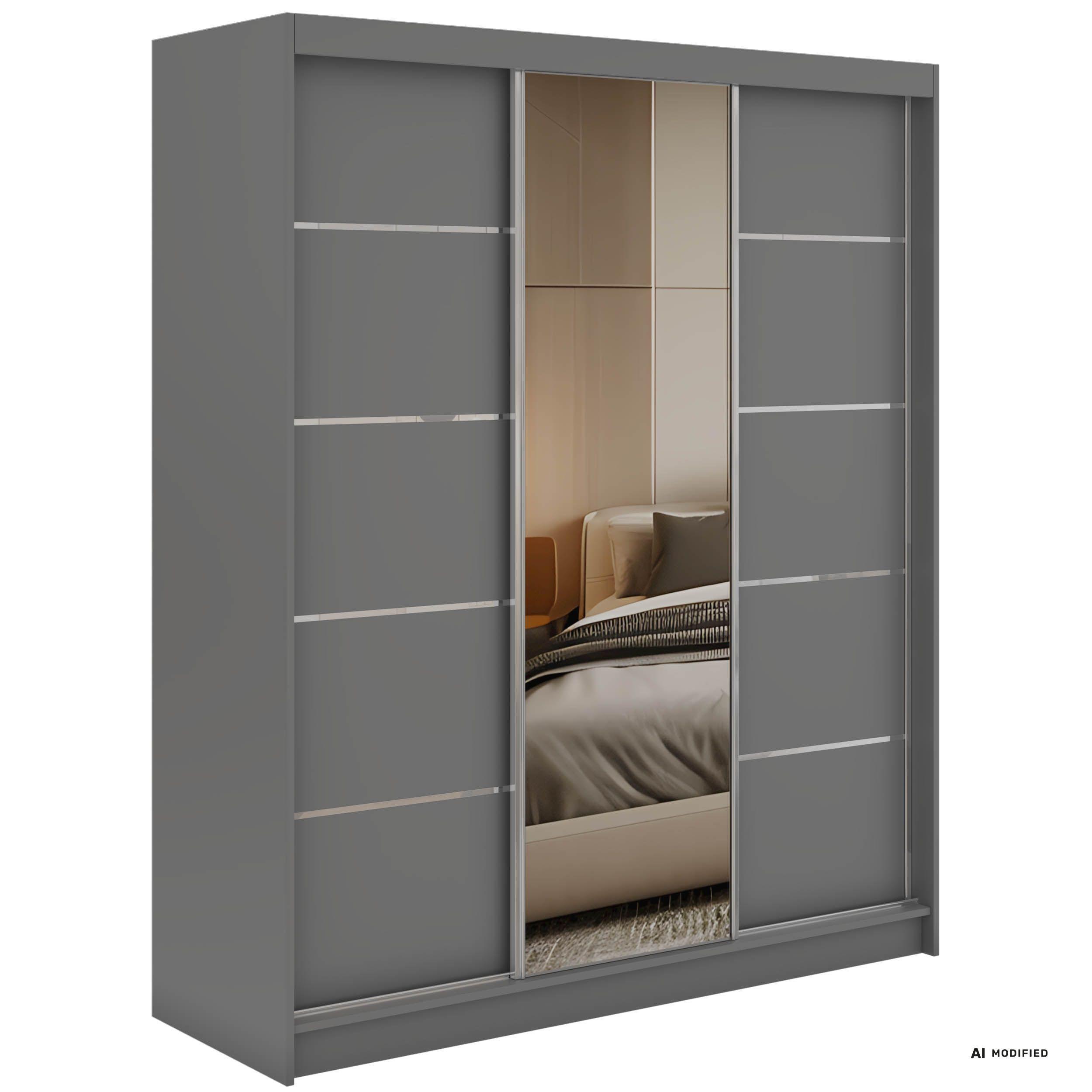 SCHWEBETÜRENSCHRANK mit Schubladen 180 - SKORIA - Grau mit Spiegel - Alufarben/Grau, Holzwerkstoff/Metall (180/216/61cm) - MKS