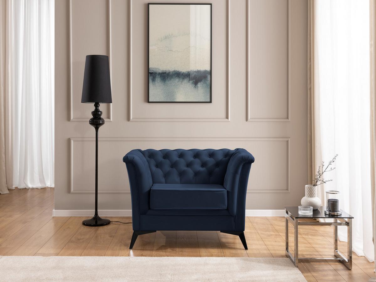 SITZGARNITUR 3+2+1 Chesterfield Whitby Marineblau Samt mit schwarzen Füßen - Blau/Schwarz, Holz/Textil (237/78/82cm) - S-Style Möbel
