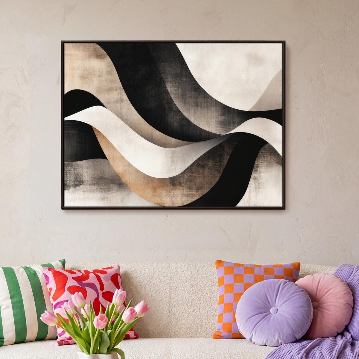 LEINWAND Bilder mit Rahmen - Abstrakt - Wellen - Schwarz - Verwittert - 100x70 - Trüffeleichefarben, Textil (100/70cm) - MuchoWow