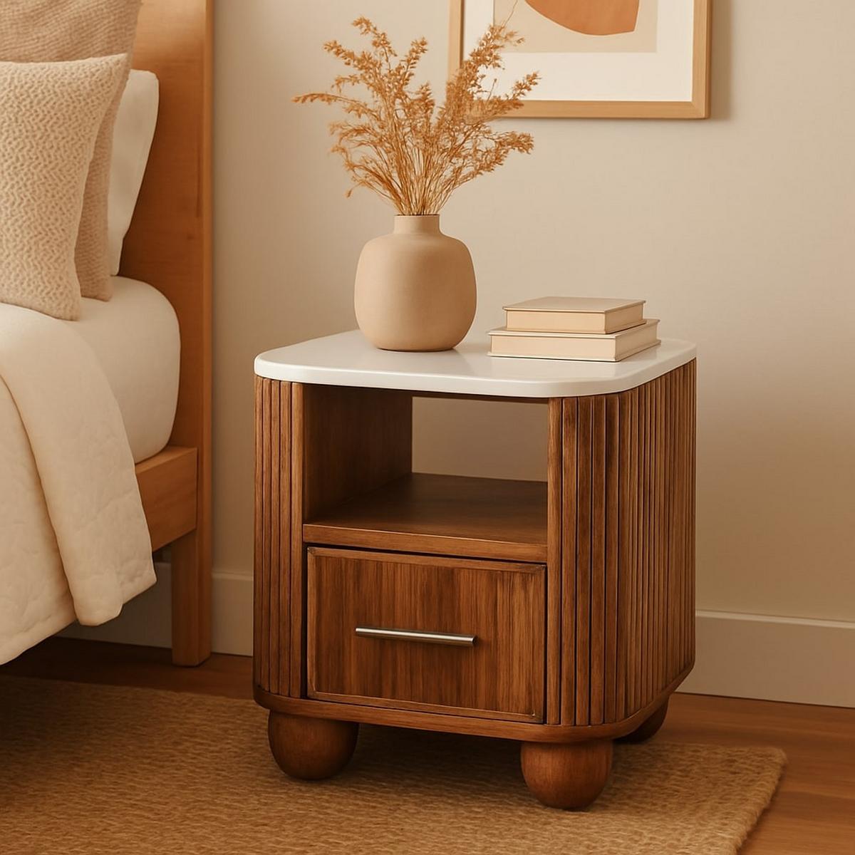 NACHTTISCH mit Golden-Teak-Finish, Tischplatte aus Marmor, 1 Schublade, 1 offene Ablage, braun - Braun, Holz/Naturmaterialen (44/47/34cm) - Artisan Furniture