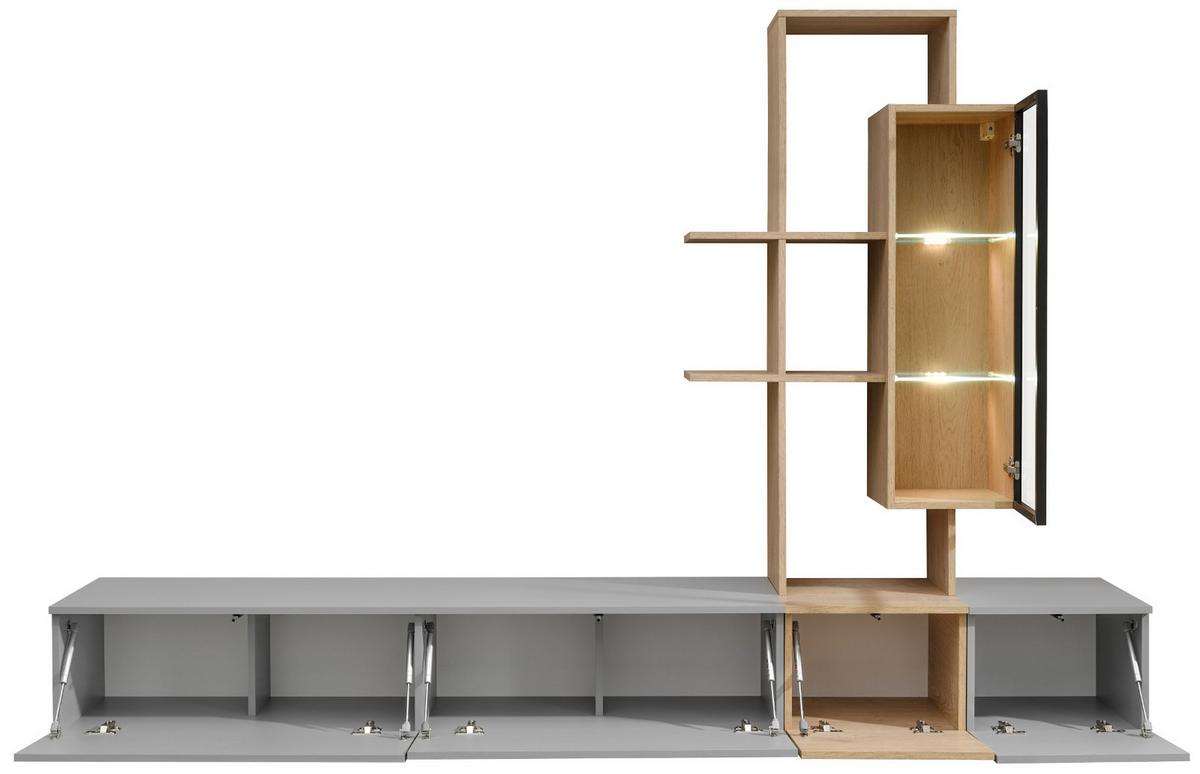WOHNWAND Arktis-Grau, Cremona Eiche hängend 240 cm, Schrankwand mit LED und Push-to-Open - Eichefarben/Hellgrau, Glas/Holzwerkstoff (240/160/40cm) - Inn.Furn