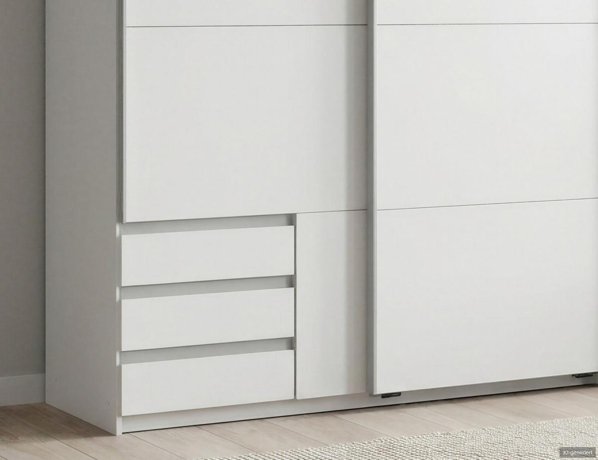 SCHWEBETÜRENSCHRANK 2-türig B135/H198/T65 cm, Kleiderschrank in Weiß mit sichtbaren Schubkästen / 22660 - Alufarben/Weiß, Holz/Holzwerkstoff (135/198/65cm) - luma-home