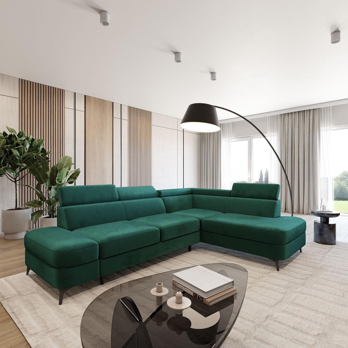 ECKSOFA AVISE M R-S Grün Velours-Stoff mit Schlaffunktion - Grün, Holzwerkstoff/Textil (268/195cm) - MASSENO