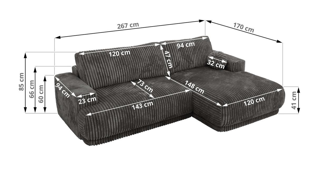 ECKSCHLAFSOFA RINA L Grau Cord - rechts - Schwarz/Grau, Kunststoff/Textil (170/267cm) - MKS