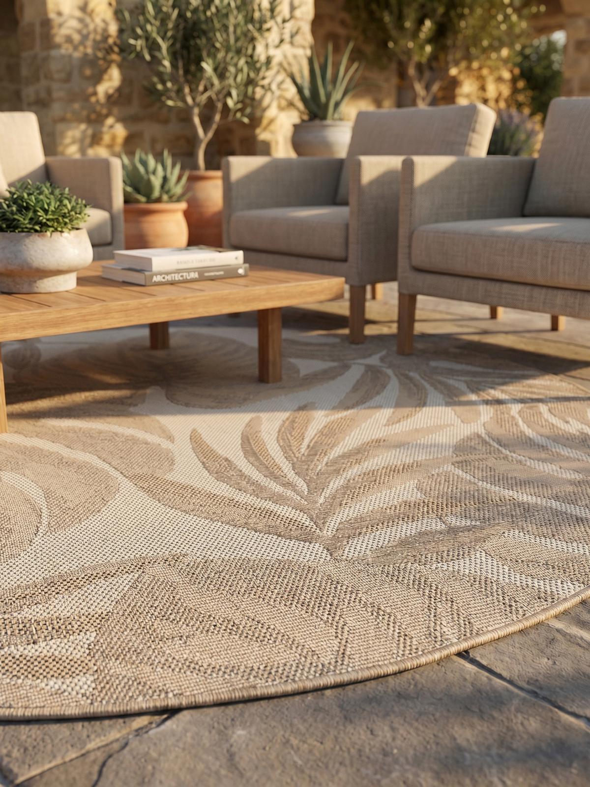 TEPPICH Outdoor VENTOUX in Beige, mit Tropen-Motiv, Ø 120 cm - Beige, Textil (120/120cm) - KADIMA DESIGN