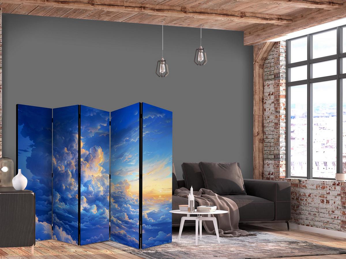 PARAVENT Akustik 5-tlg 225x172 cm Blaue Wolken Sonnenstrahl - Blau, Holz/Textil (225/172/3cm) - Muralo