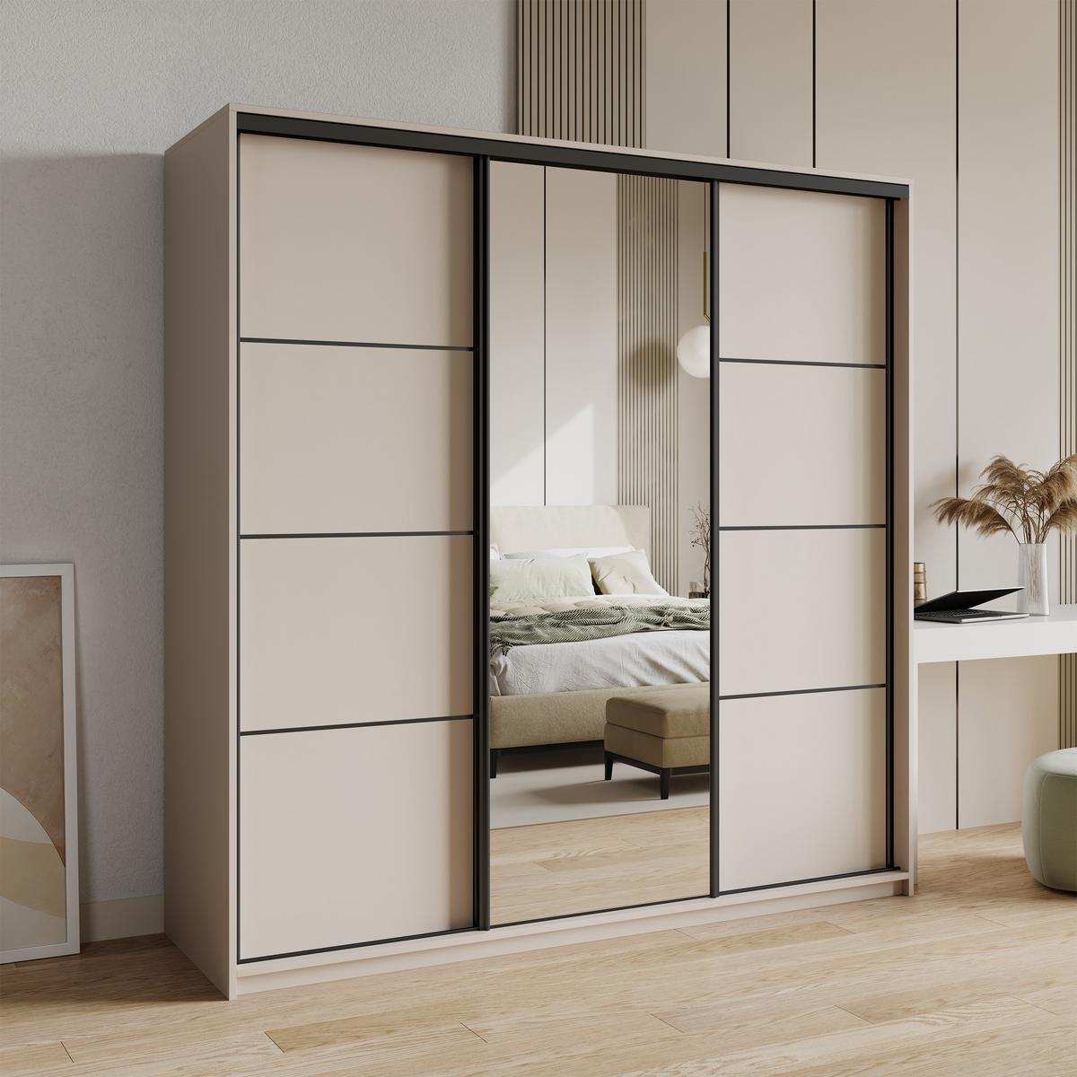 SCHWEBETÜRENSCHRANK VARO 200/205/60 cm 3-türig mit Spiegel Kaschmir - Kaschmir, Holzwerkstoff (200/205/60cm) - MASSENO
