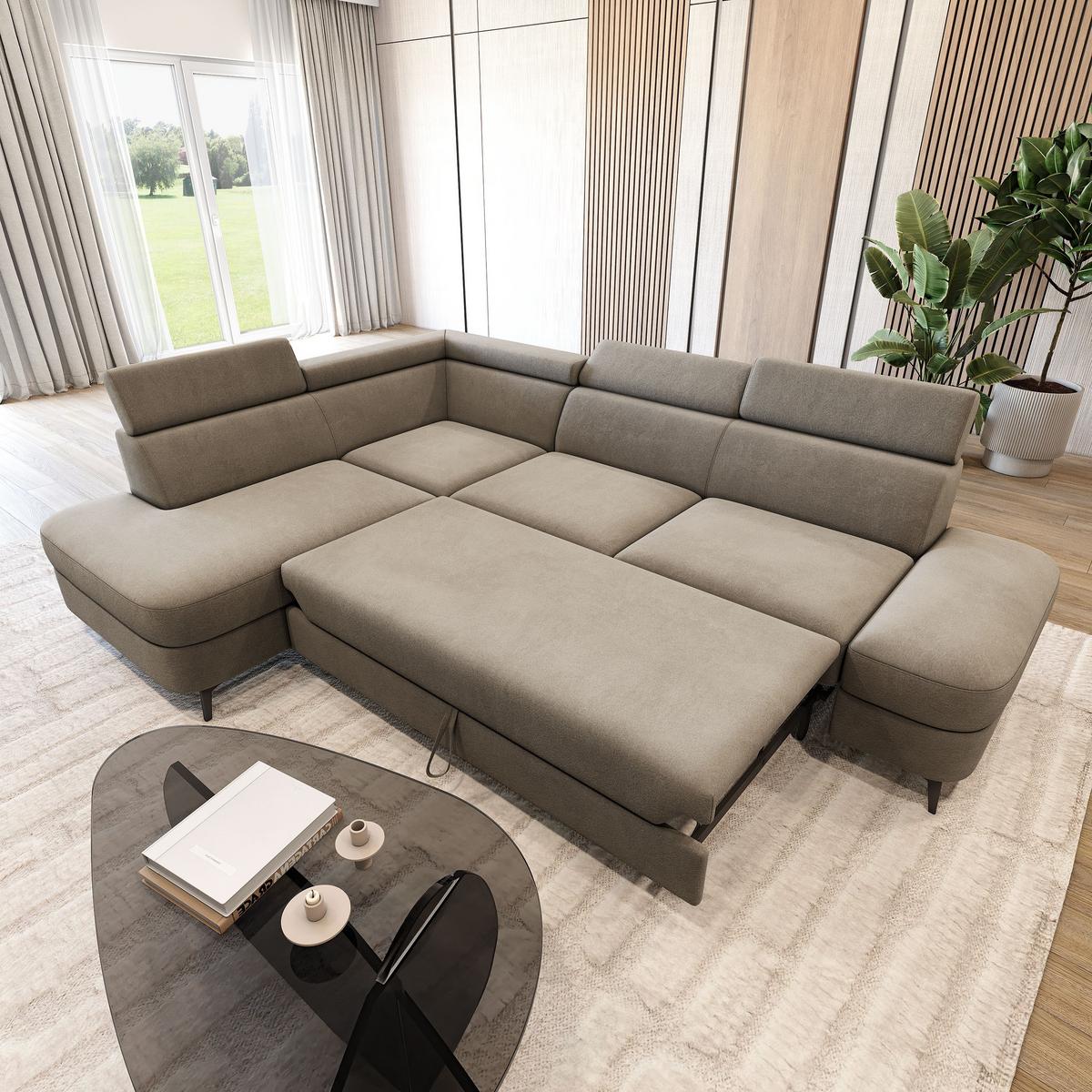 ECKSOFA AVISE MV L-S Beige Velours-Stoff mit Schlaffunktion - Beige, Holzwerkstoff/Textil (268/195cm) - MASSENO