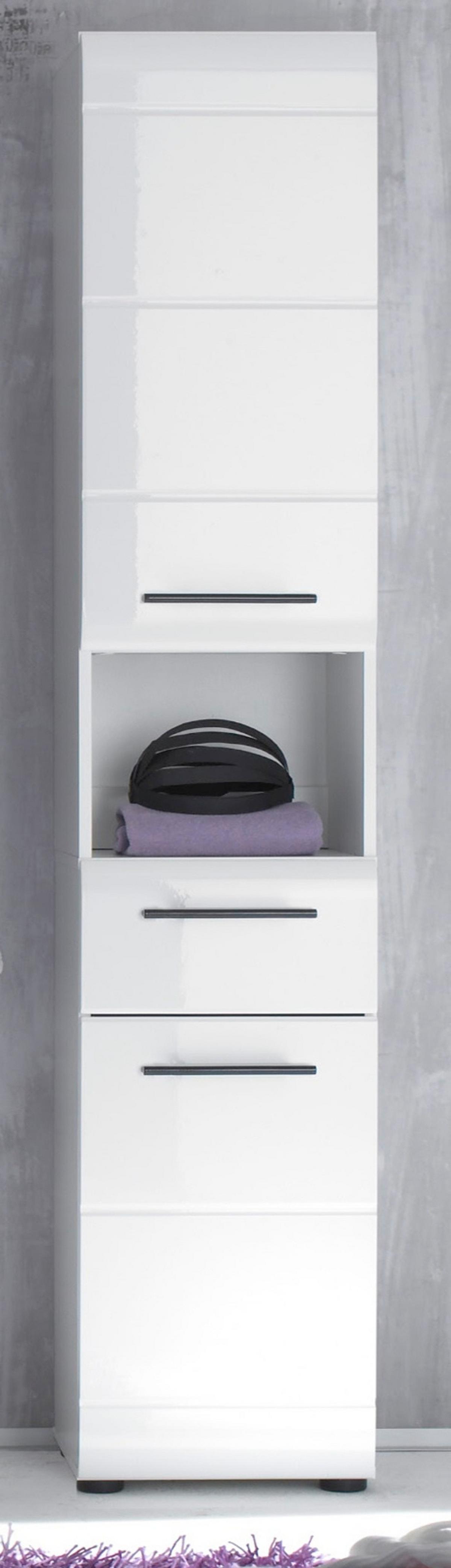 HOCHSCHRANK weiß Hochglanz 30 cm, Badschrank modernes Design - Weiß Hochglanz/Schwarz, Holzwerkstoff/Kunststoff (30/182/31cm) - Top.Furn