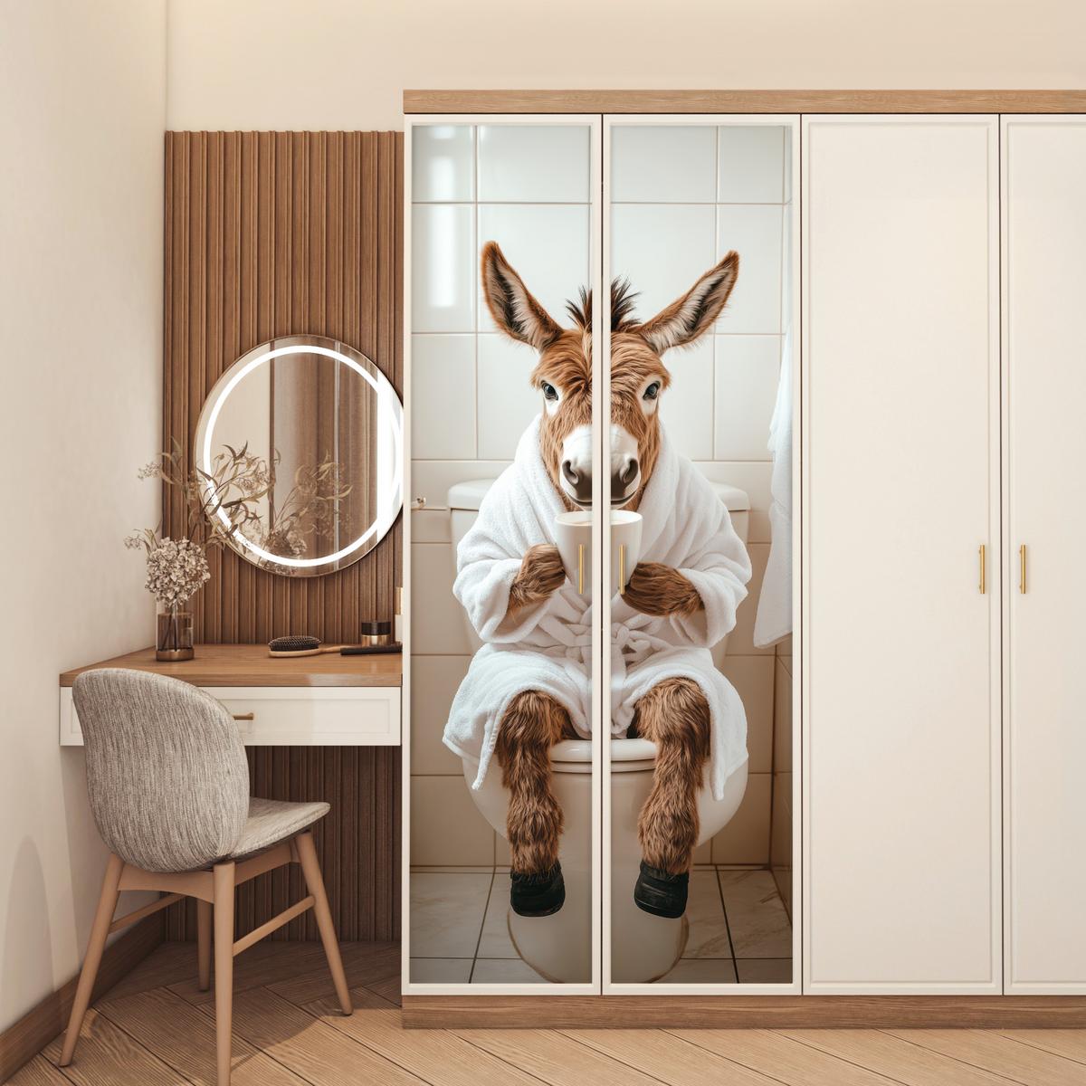TÜRAUFKLEBER Esel - WC - Lustig - Bademantel - Tier Room Decor 85x205 cm - Türtapete - Beige, Kunststoff (85/0.1/205cm) - MuchoWow