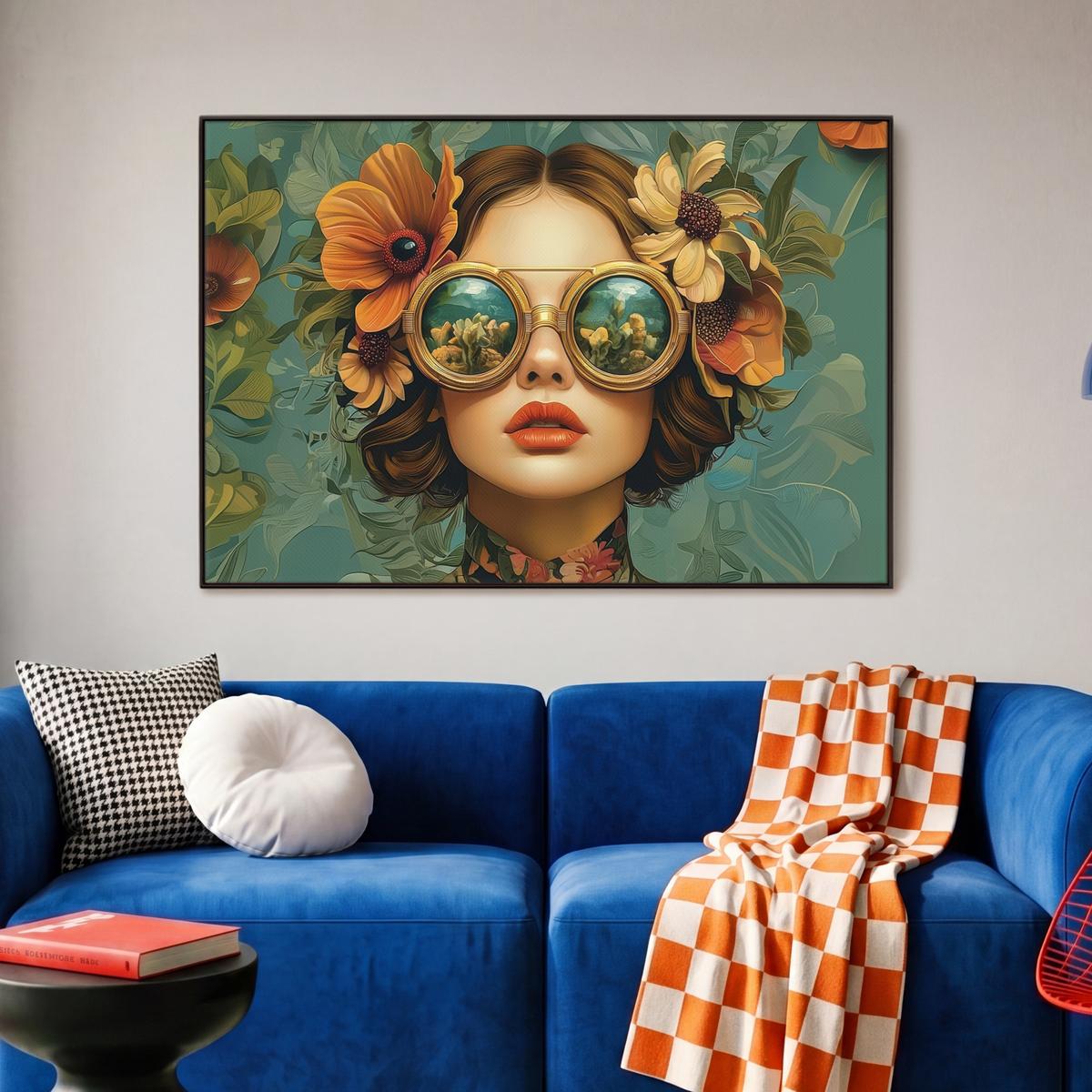 LEINWAND Bilder mit Rahmen - Frau - Blumen - Schmetterlinge - Natur - Vintage - 90x60 - Salbeigrün, Textil (90/60cm) - MuchoWow