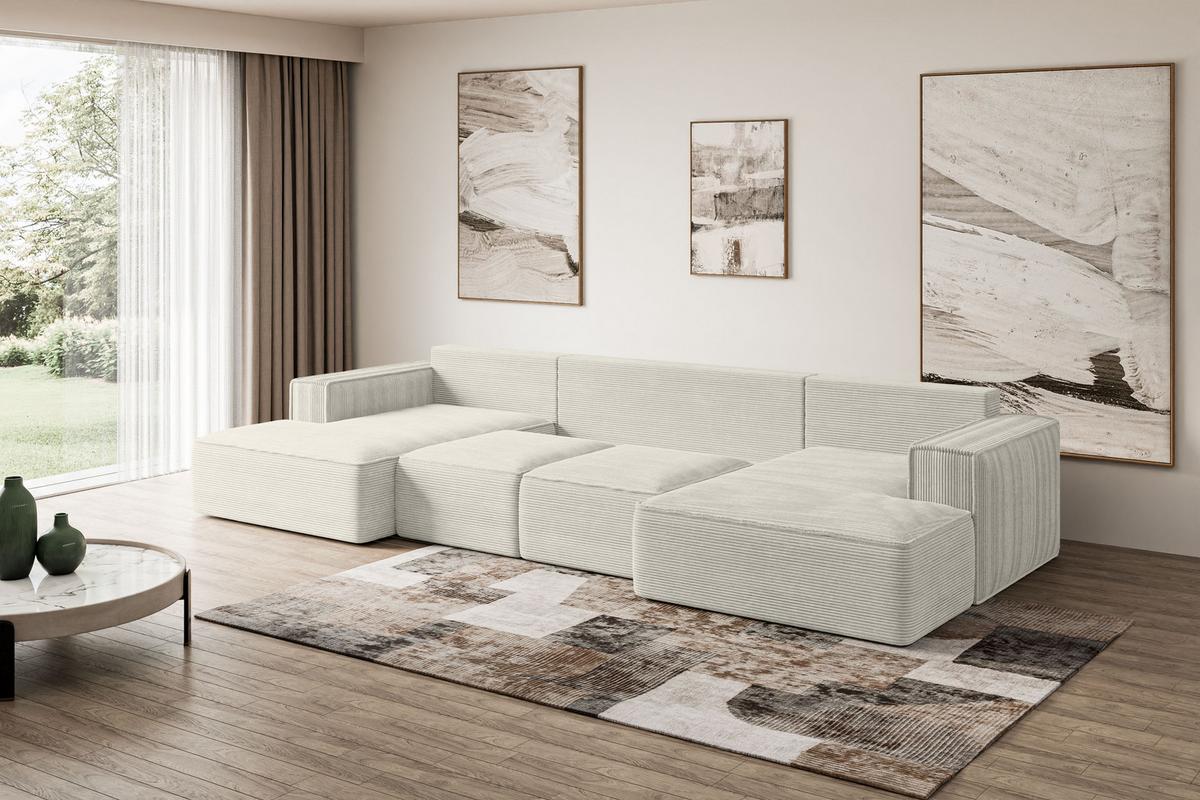 WOHNLANDSCHAFT mit Schlaffunktion und Bettkasten SIERRA-U-S - 349x161x87 cm Creme Cord - Hellgrau/Creme, Holzwerkstoff/Kunststoff (349/87/161cm) - ALTDECOR