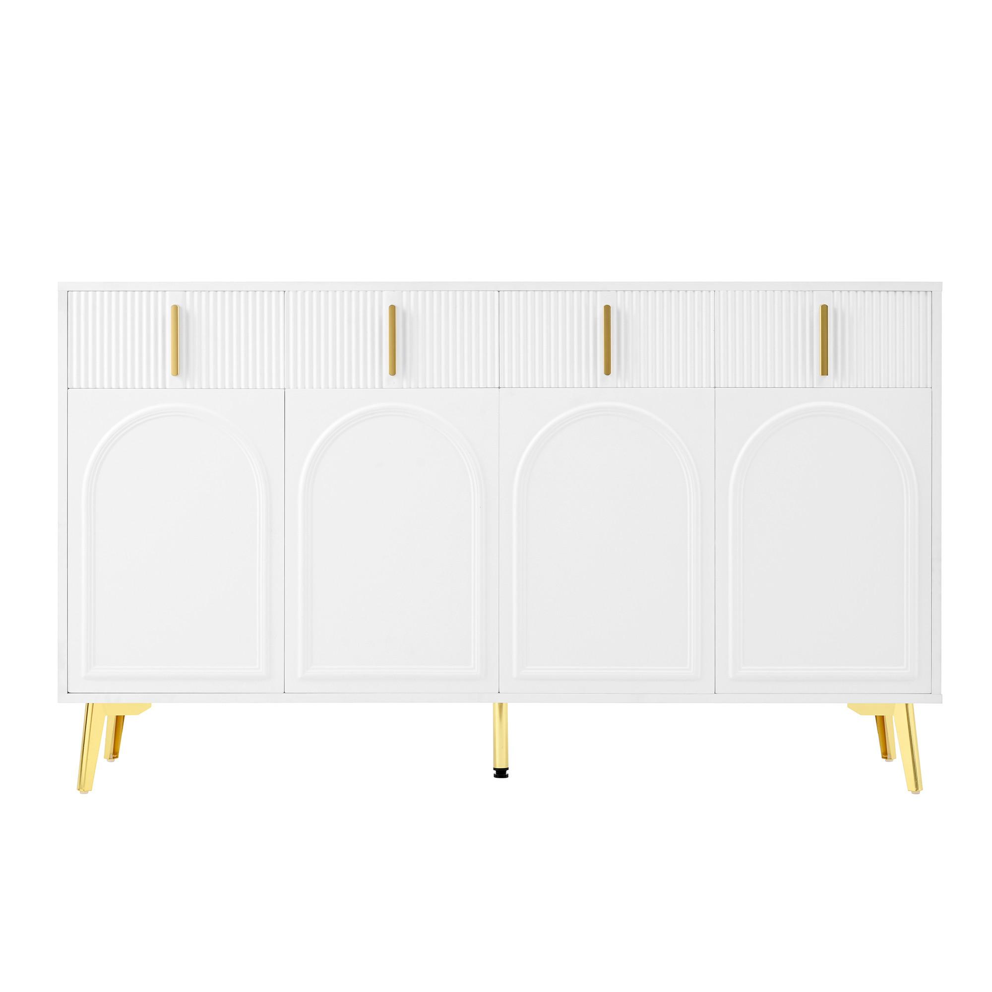 SIDEBOARD Weiß 140cm mit 4 Türen 4 Schubladen Bogen-Dekor & Goldfüßen - Weiß, Holzwerkstoff (140/82/38cm) - Urban Meuble