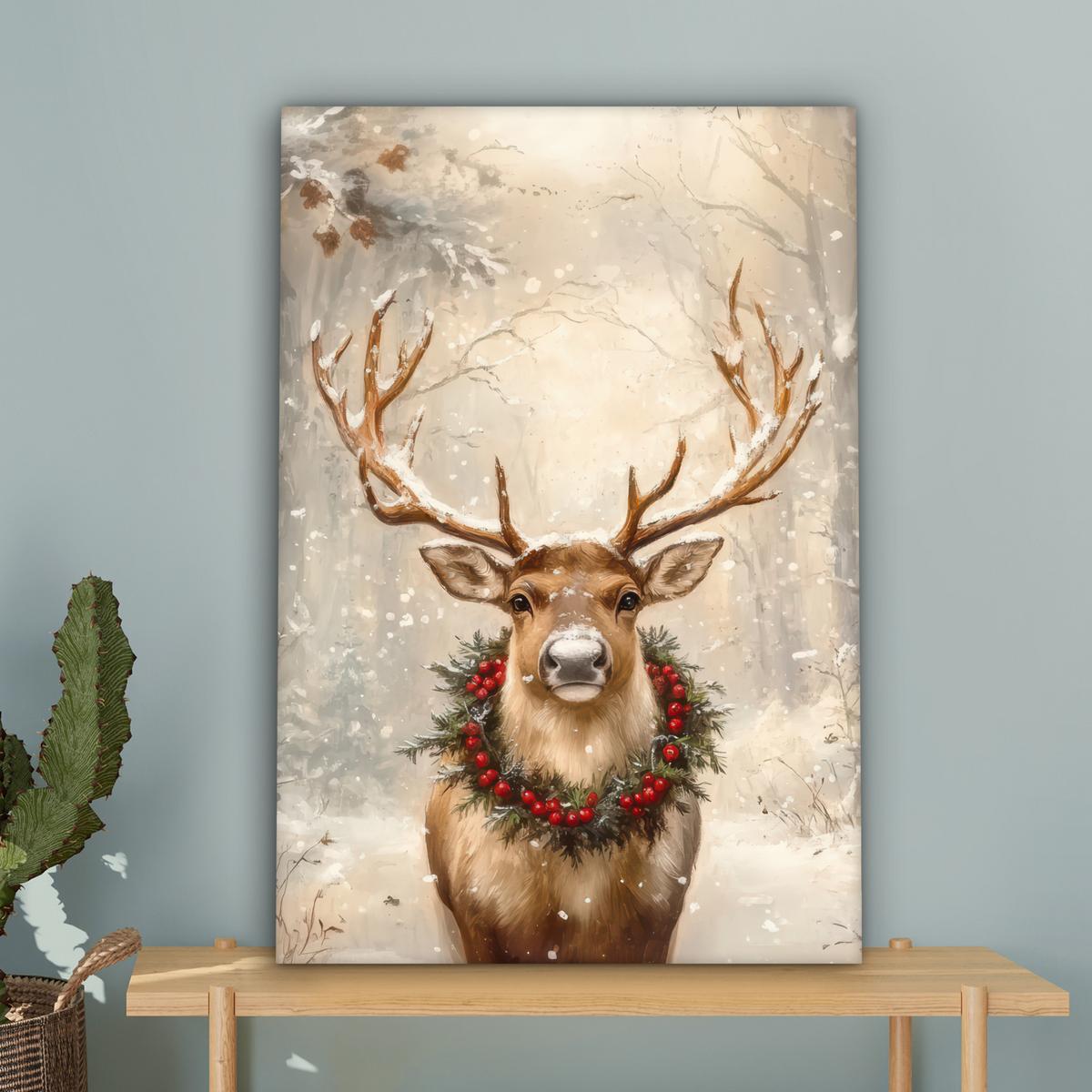 LEINWANDBILD Weihnachten - Rentier - Winter - Kranz Wanddeko Schlafzimmer 60x90 cm - Naturfarben, Textil (60/90cm) - MuchoWow