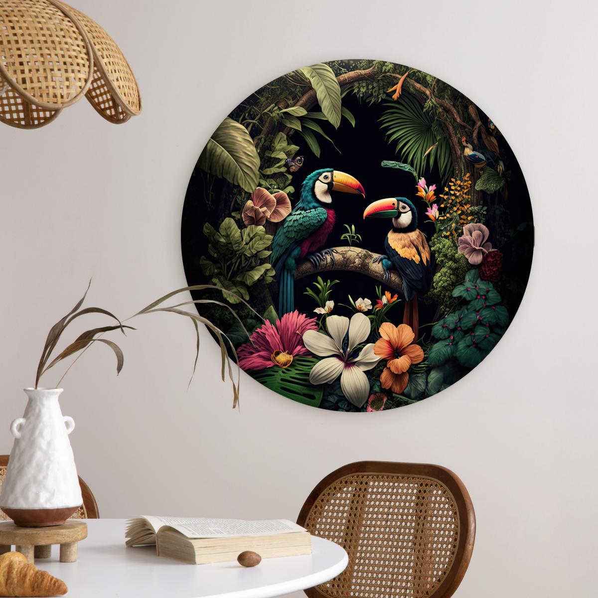 WANDBILD Vogel - Blumen - Pflanzen - Dschungel - Schwarz - Tukan Wanddeko Schlafzimmer 60x60 cm - Smaragdgrün, Kunststoff (60/60cm) - MuchoWow