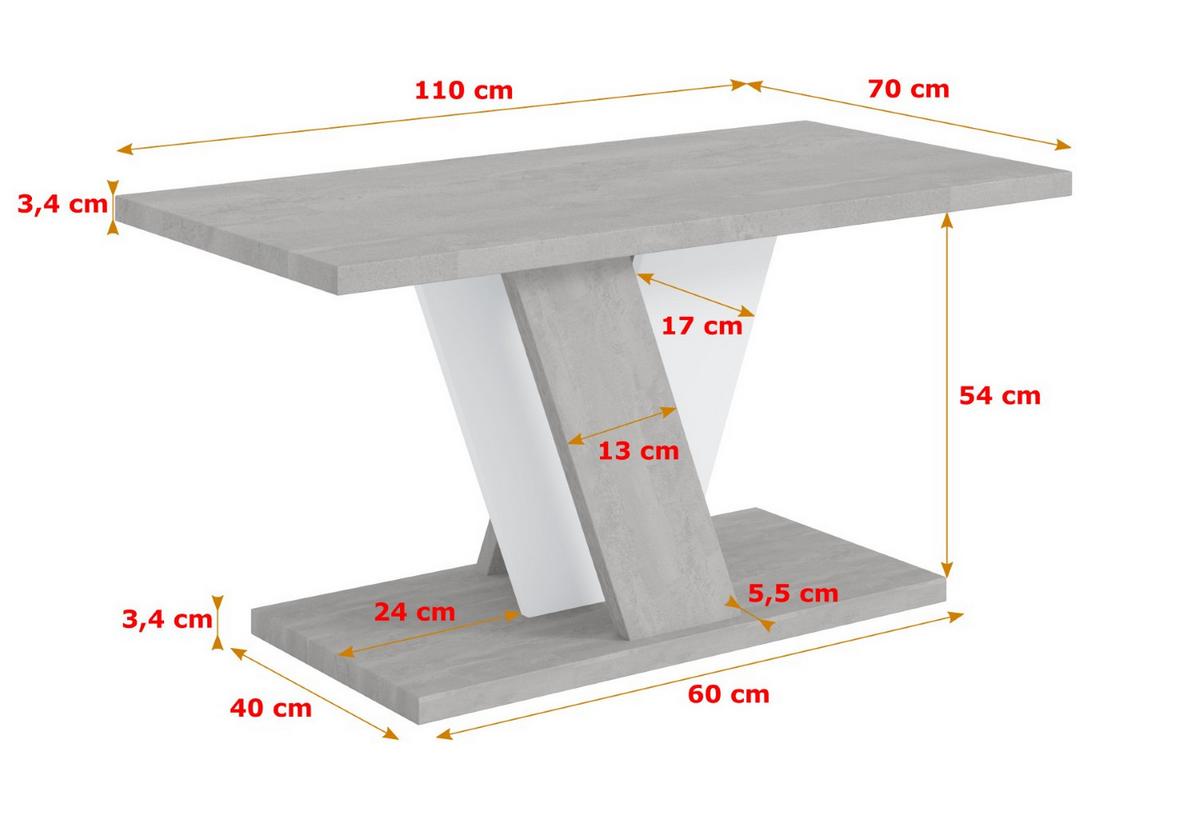 KAFFEETISCH 110x70x60 cm - Betonoptik K350 / Weiß - INEY - Weiß, Holzwerkstoff (110/70/60cm) - ALTDECOR