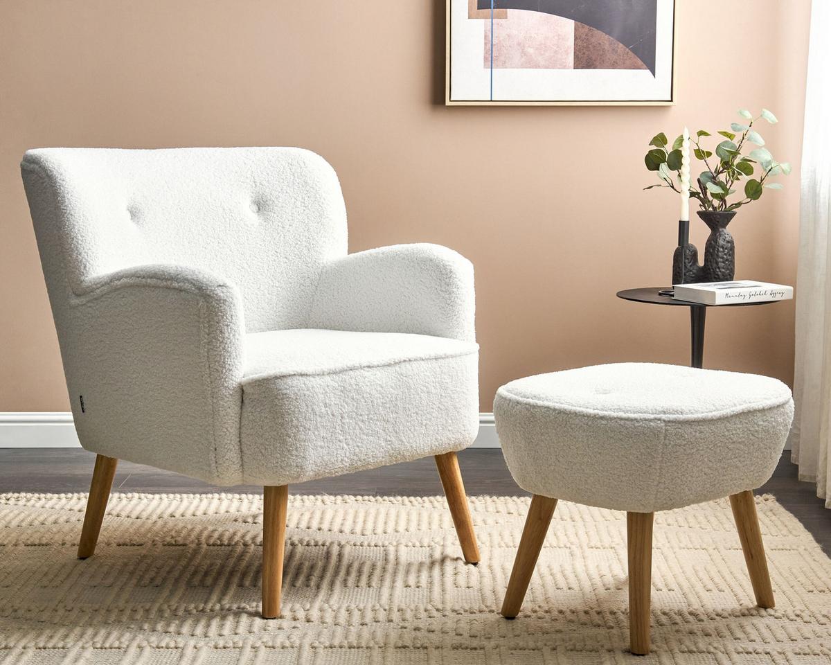 SESSEL Bouclé weiß/hellbraun plus Hocker Tumba - Hellbraun/Weiß, Textil (74/85/79cm) - Beliani