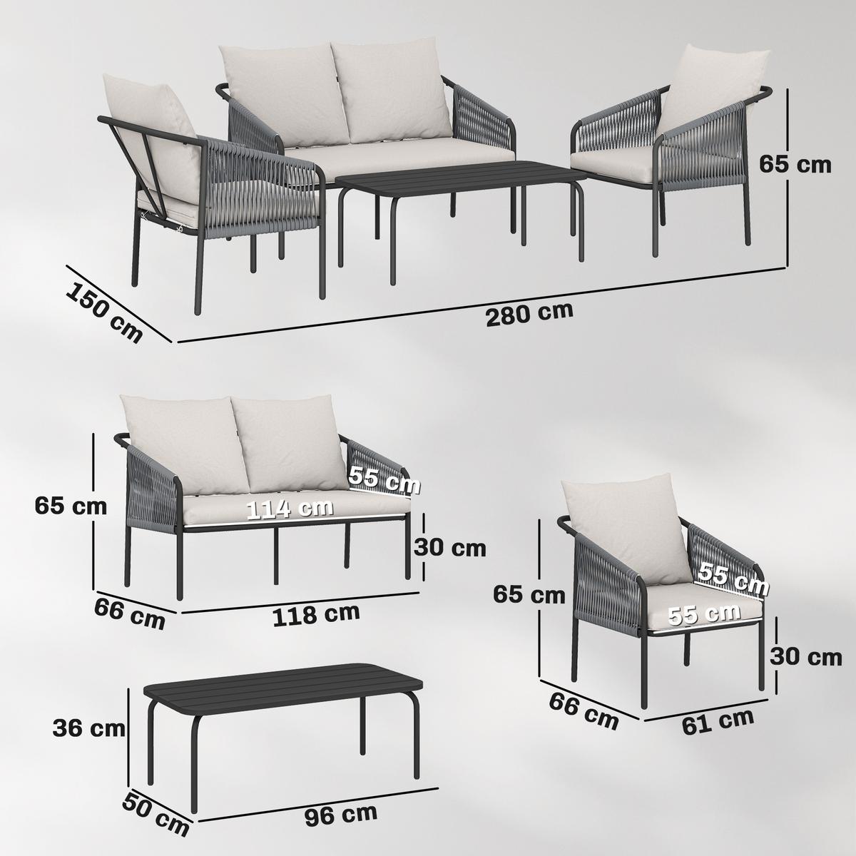 RATTAN-GARTENMÖBEL-SET 4er Set Stahl PE-Rattan Khaki - Hellgrau/Schwarz, Textil/Metall - Outsunny